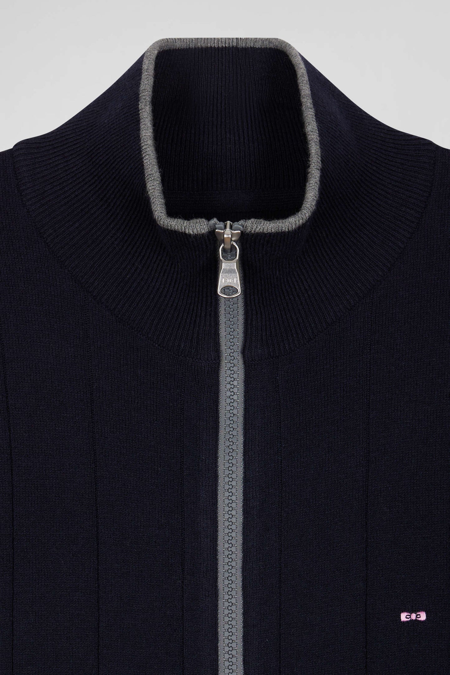 Regular navy blue cotton and cashmere zipped cardigan with vertical stripes