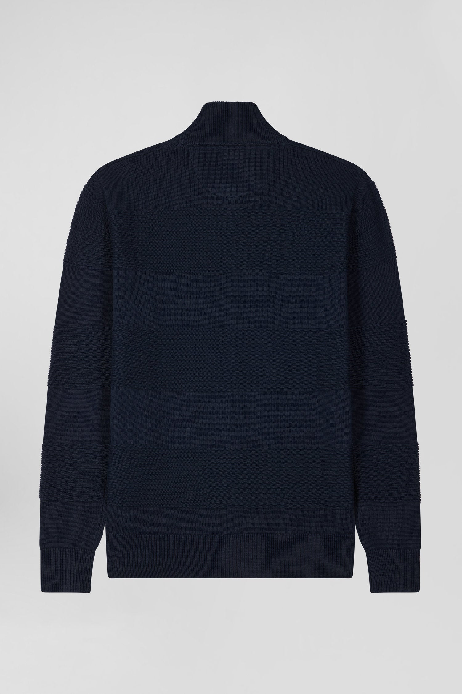 Regular navy blue plain cotton zipped cardigan with knit patterns