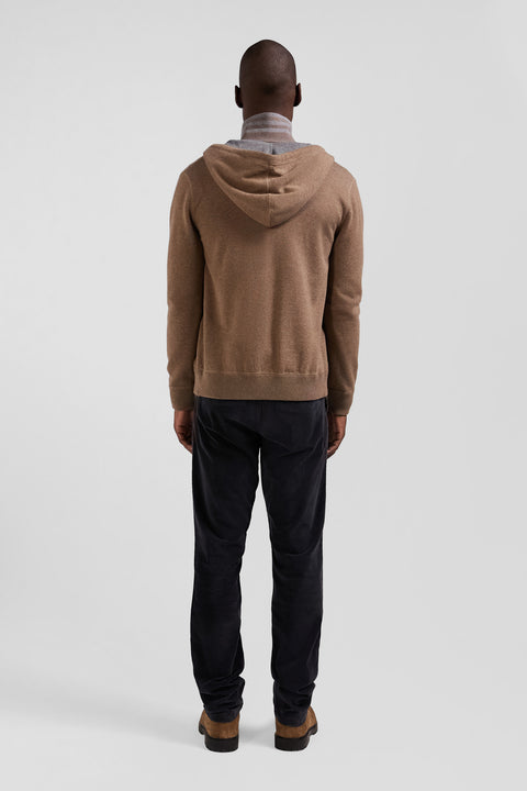 Regular brown wool and cotton knitted zip-up jumper - Image 3