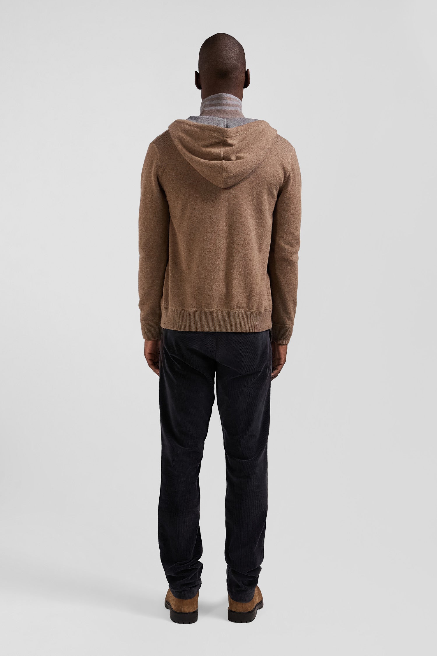 Regular brown wool and cotton knitted zip-up jumper