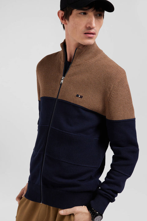 Navy and hazelnut cotton cardigan with zip and stand-up collar - Image 3