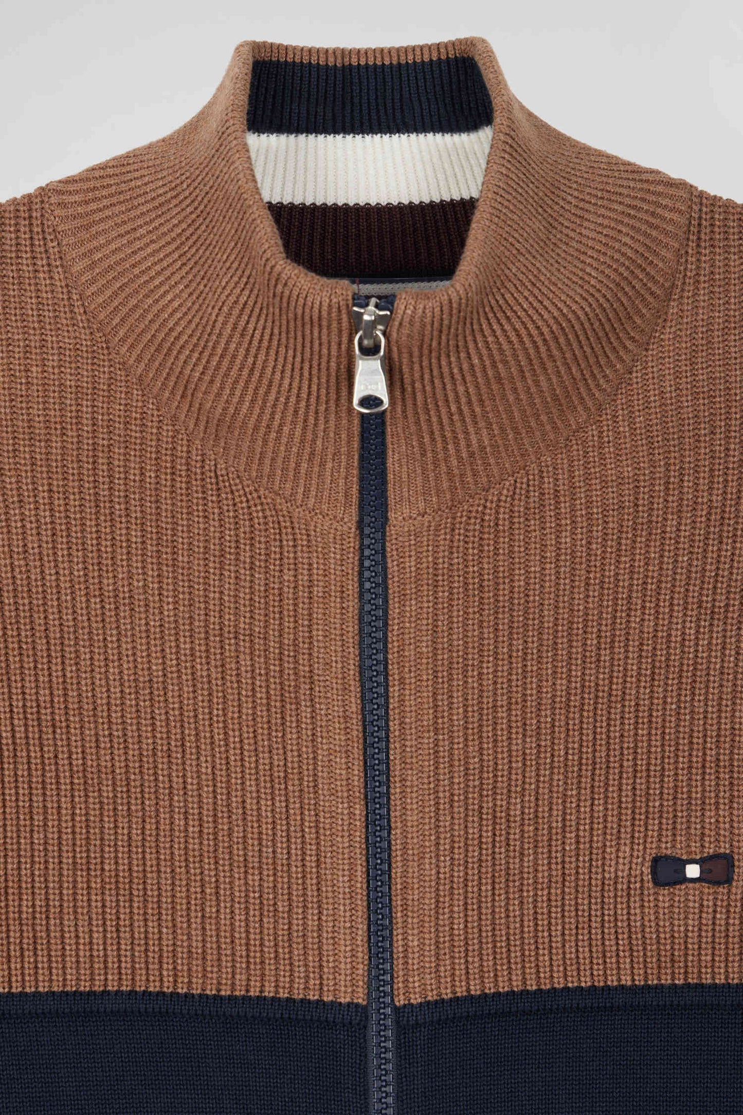 Navy and hazelnut cotton cardigan with zip and stand-up collar