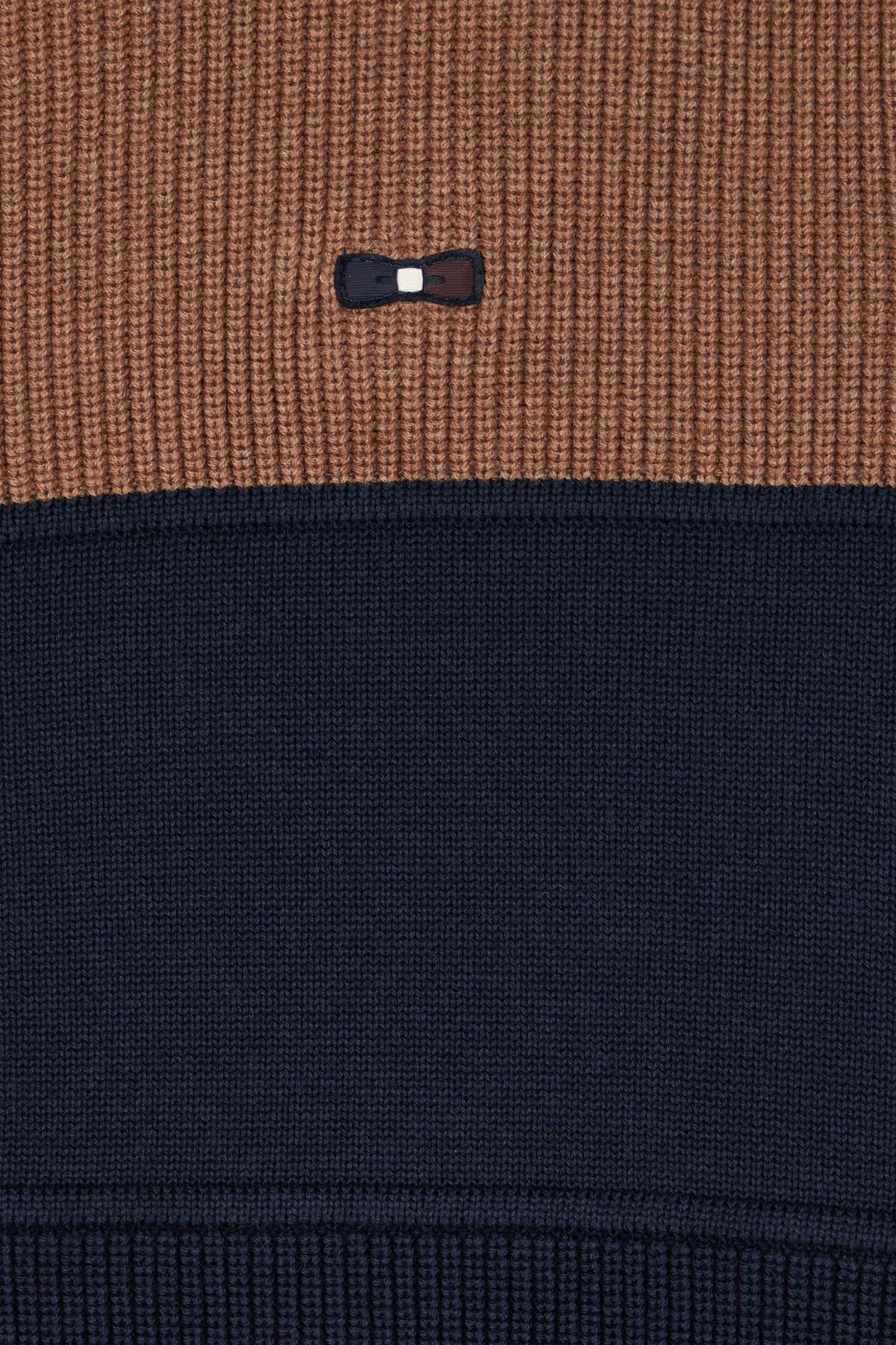 Navy and hazelnut cotton cardigan with zip and stand-up collar