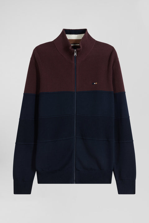 Regular navy blue and burgundy cotton high collar zipped cardigan - Image 2