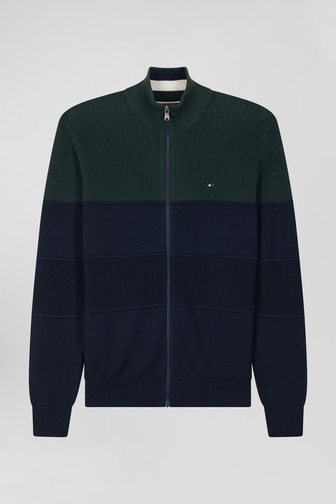 Regular navy blue and green cotton high collar zipped cardigan - Image 2