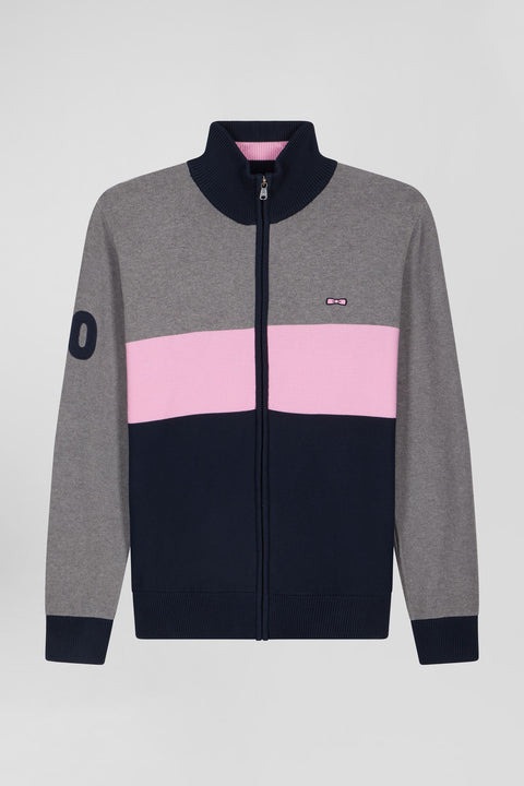 Regular grey tricolour high collar zipped cardigan with N°10 embroidery and knit patterns - Image 2