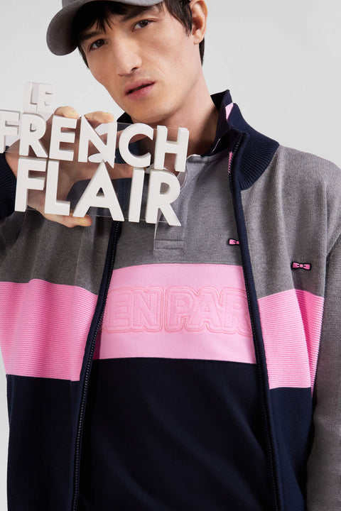 Regular grey tricolour high collar zipped cardigan with N°10 embroidery and knit patterns - Image 3