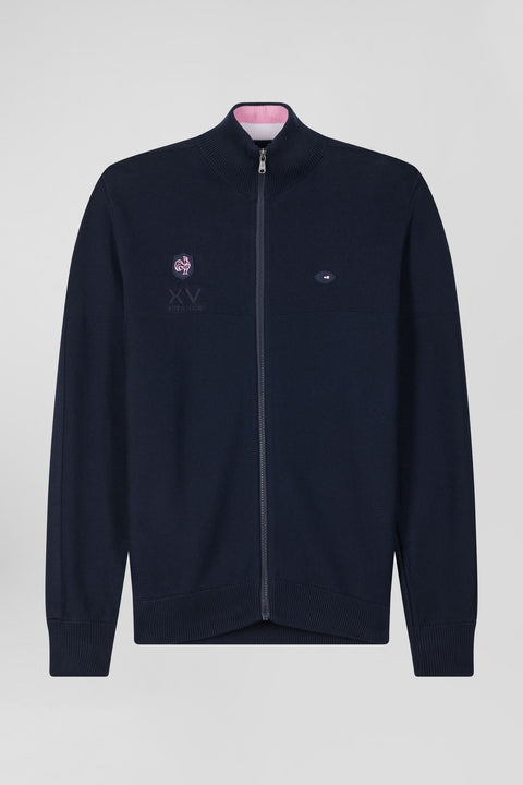 Regular navy blue cotton zipped cardigan with XV de France rubber badge and tricolour details - Image 2