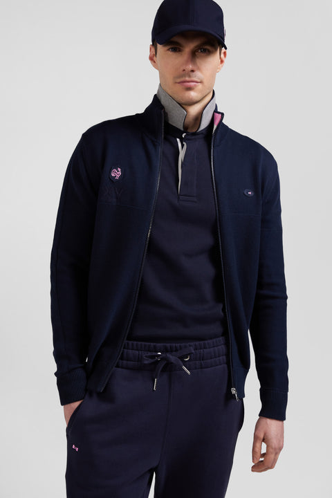 Regular navy blue cotton zipped cardigan with XV de France rubber badge and tricolour details - Image 3