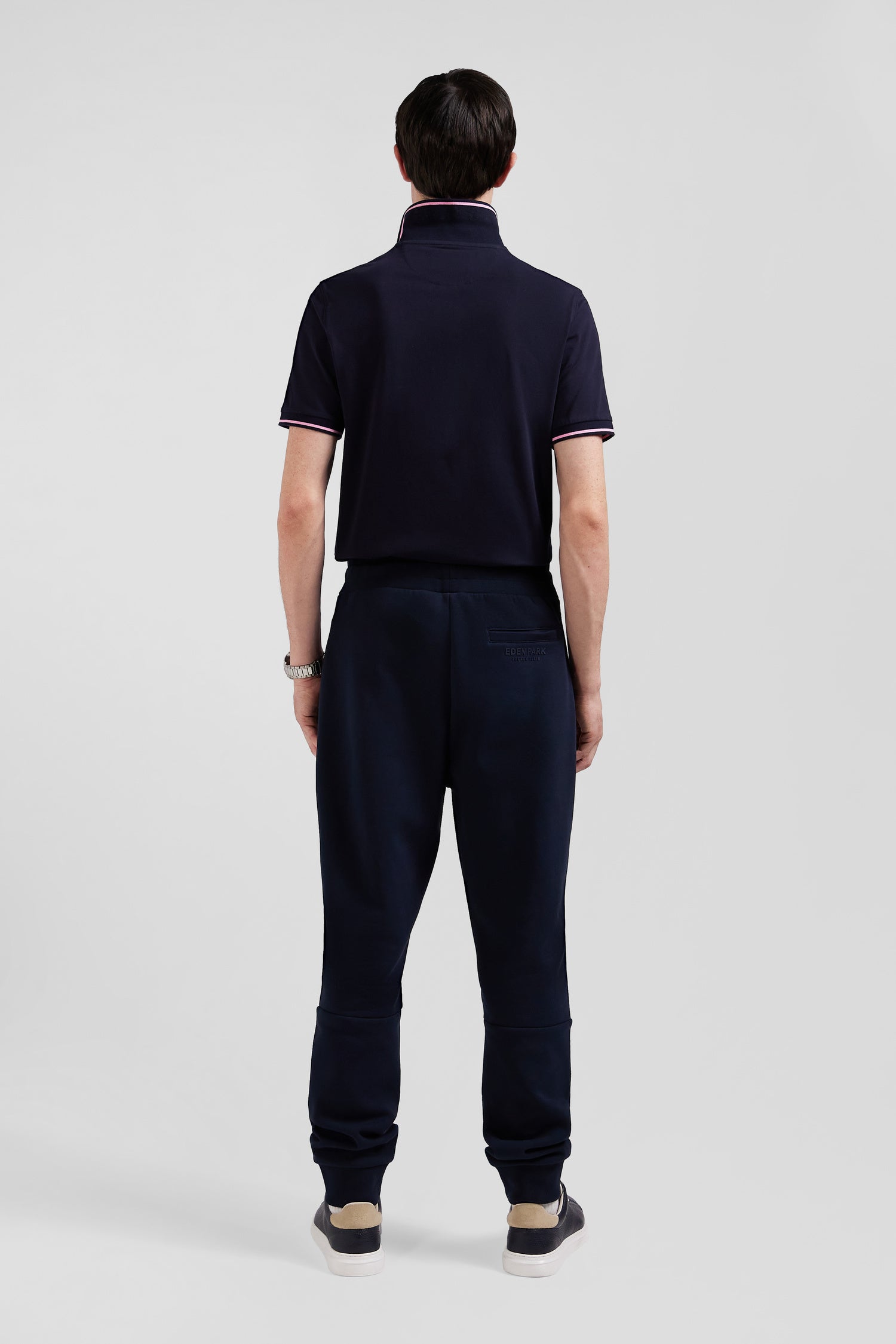 Regular navy blue mixed cotton jogging bottoms with striped trims