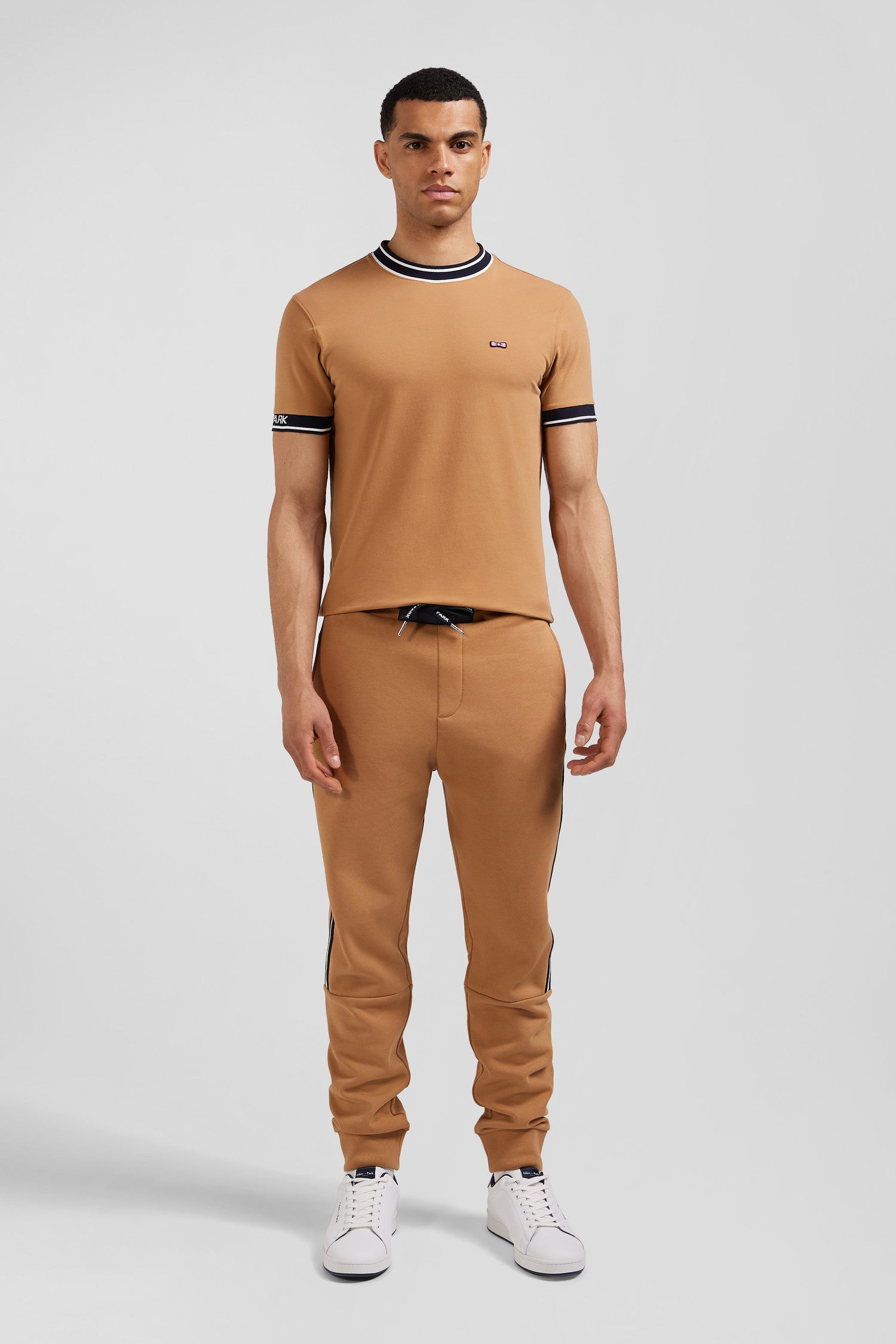 Regular camel mixed cotton jogging bottoms with striped trim