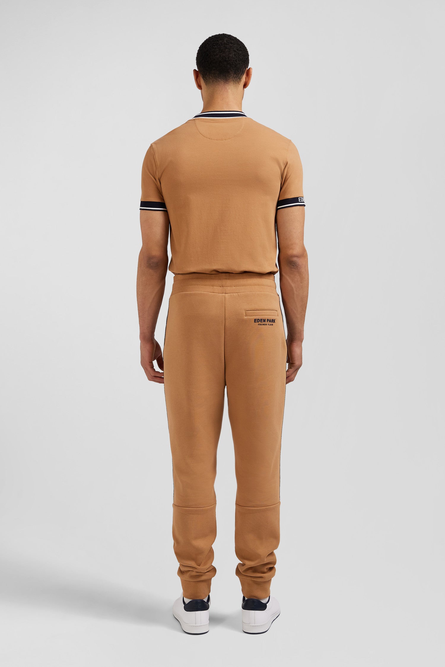 Regular camel mixed cotton jogging bottoms with striped trim