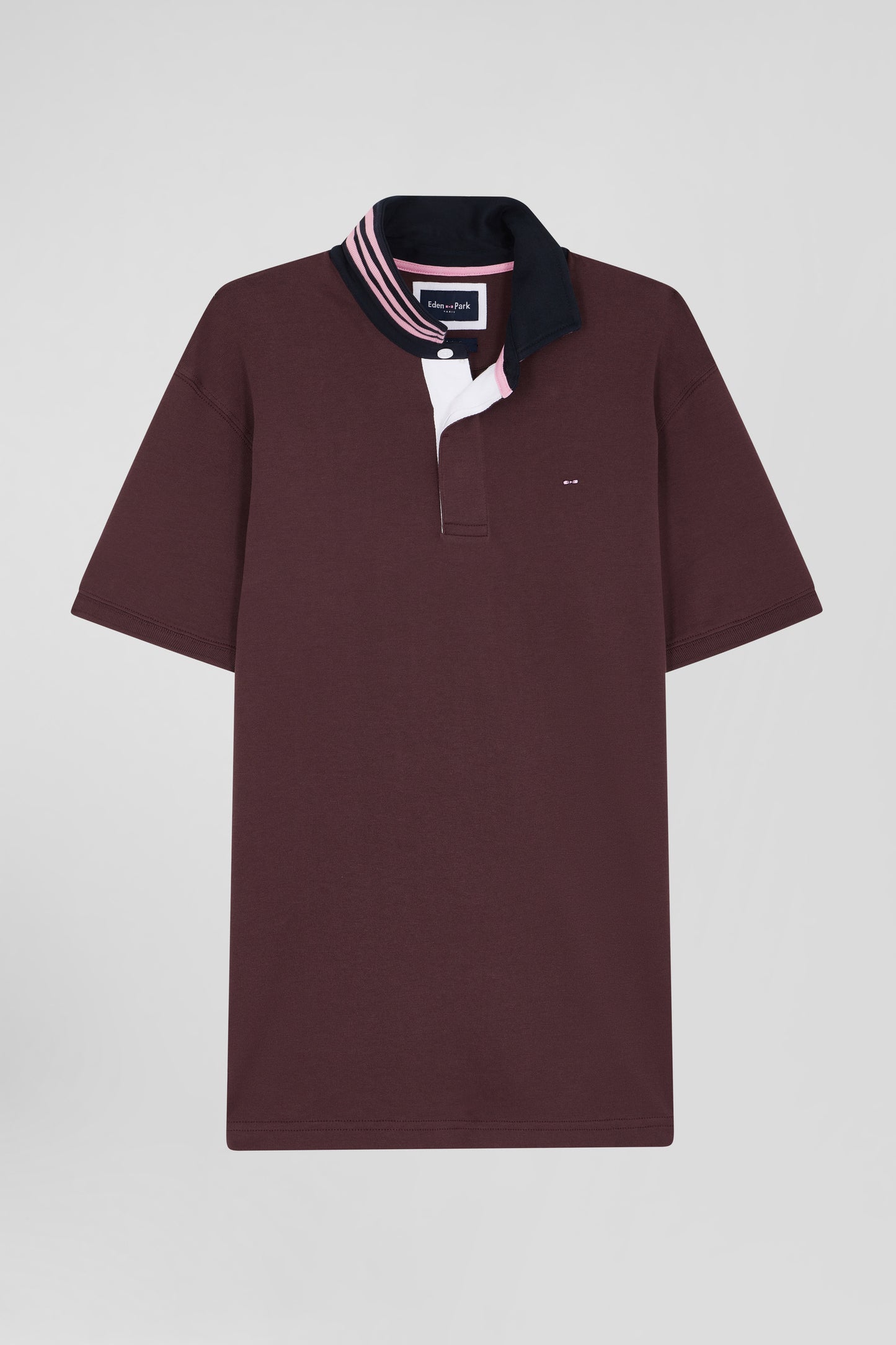 Regular burgundy cotton rugby shirt with striped undercollar