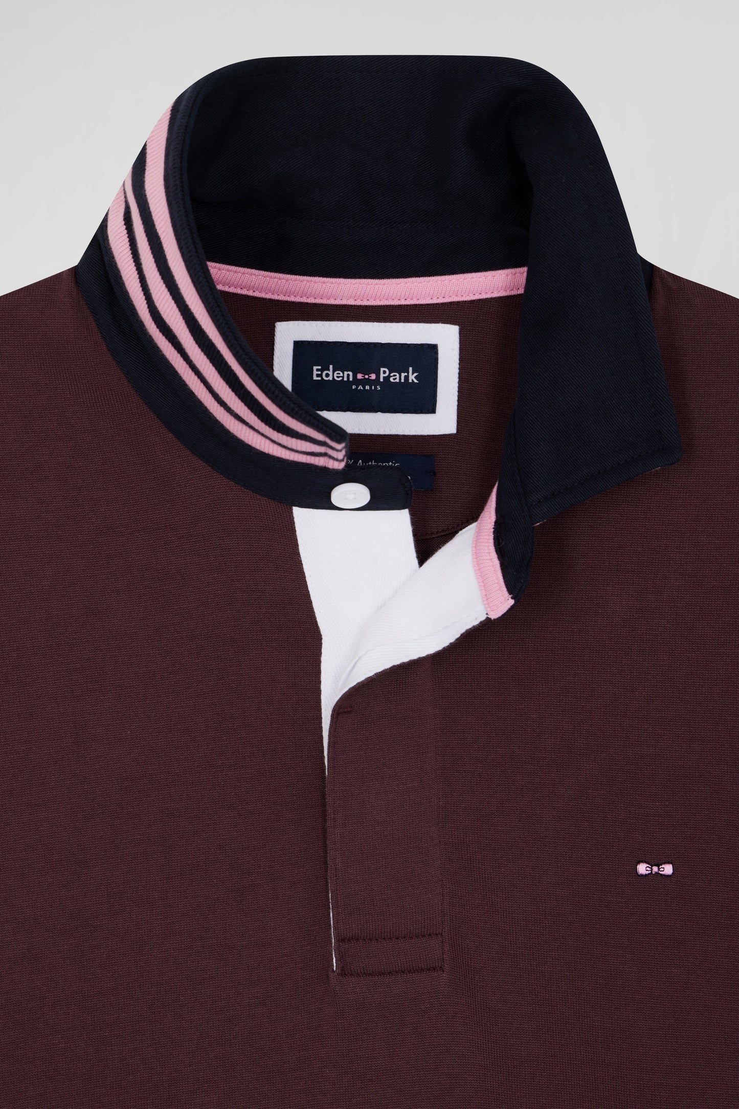 Regular burgundy cotton rugby shirt with striped undercollar