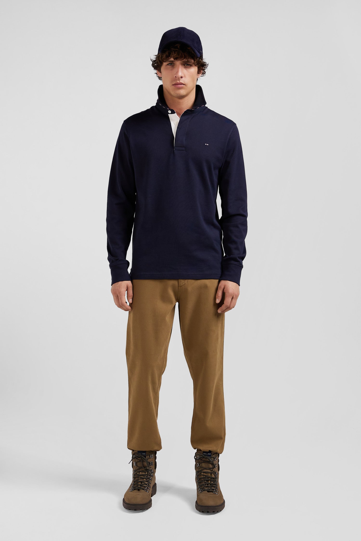 Regular navy blue long-sleeved Pima cotton rugby shirt