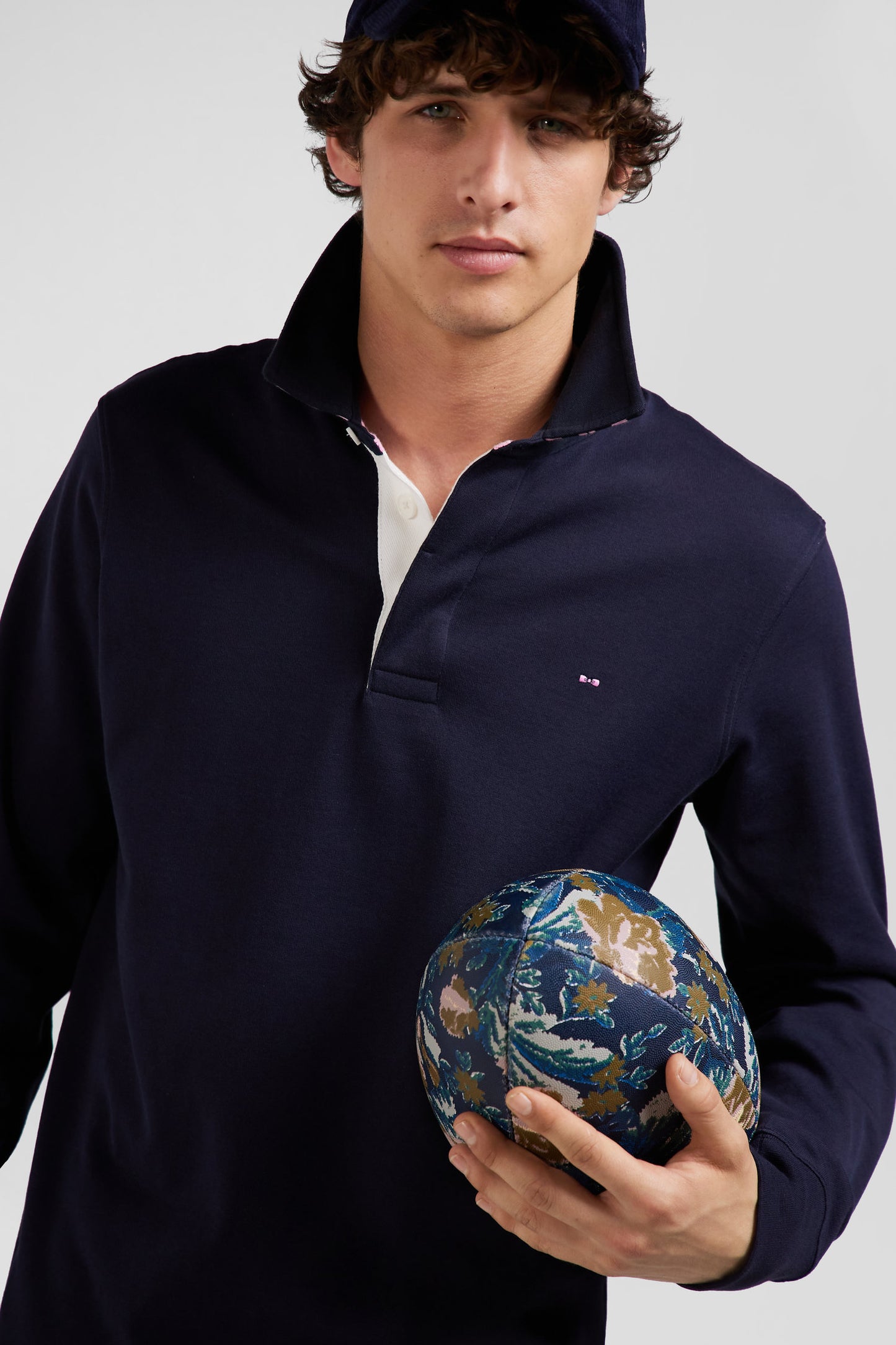 Regular navy blue long-sleeved Pima cotton rugby shirt