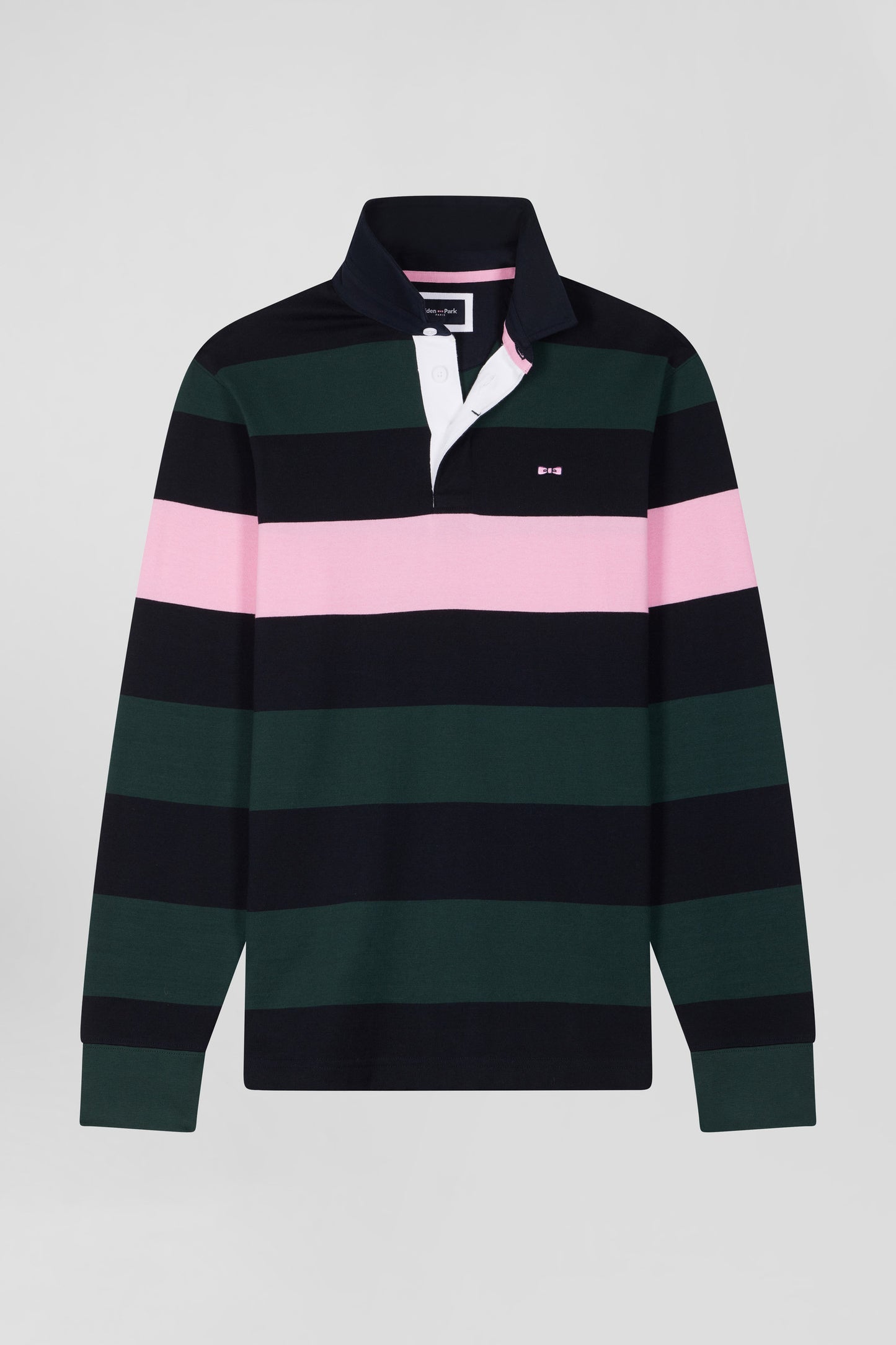 Regular green long-sleeved striped cotton rugby shirt