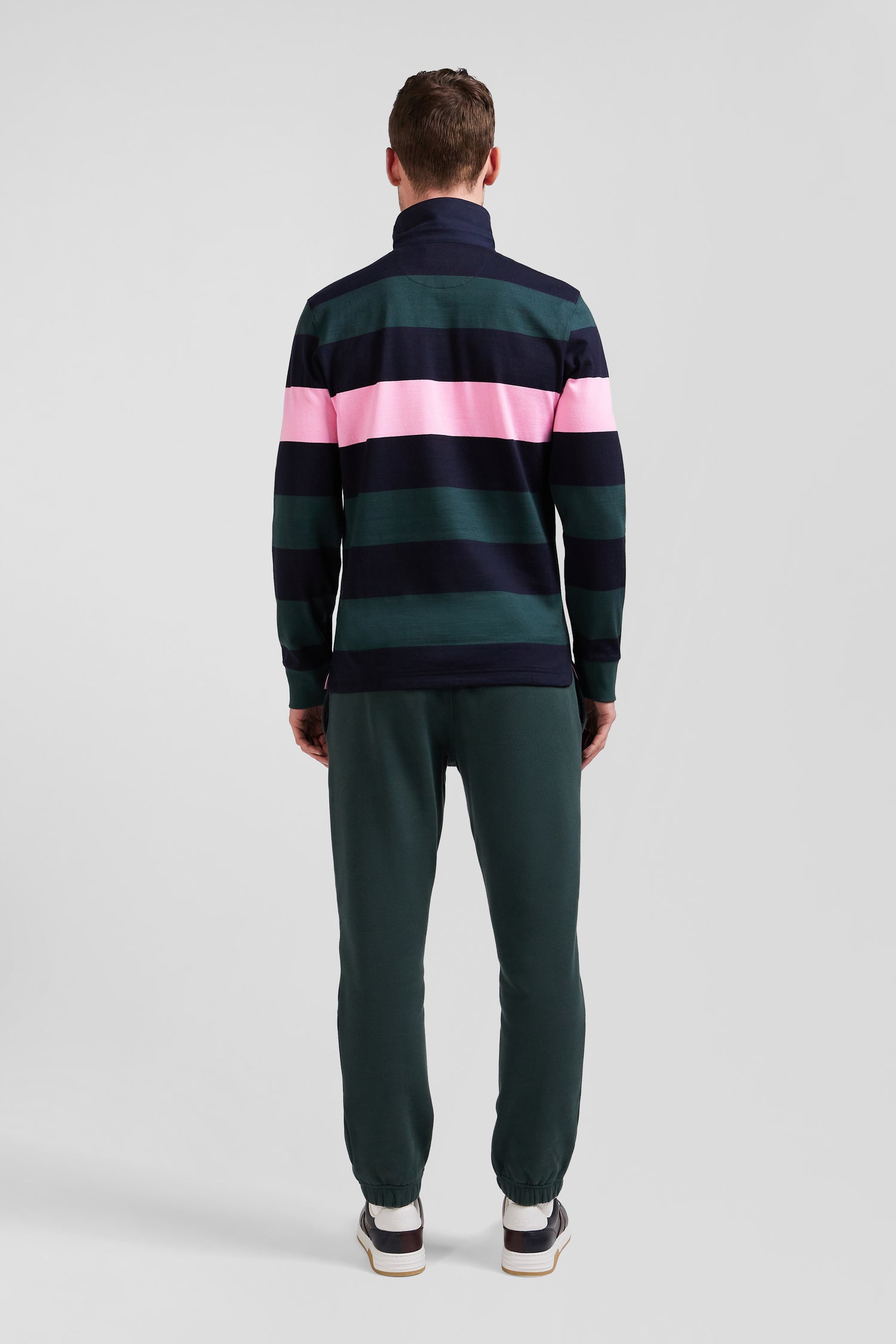 Regular green long-sleeved striped cotton rugby shirt