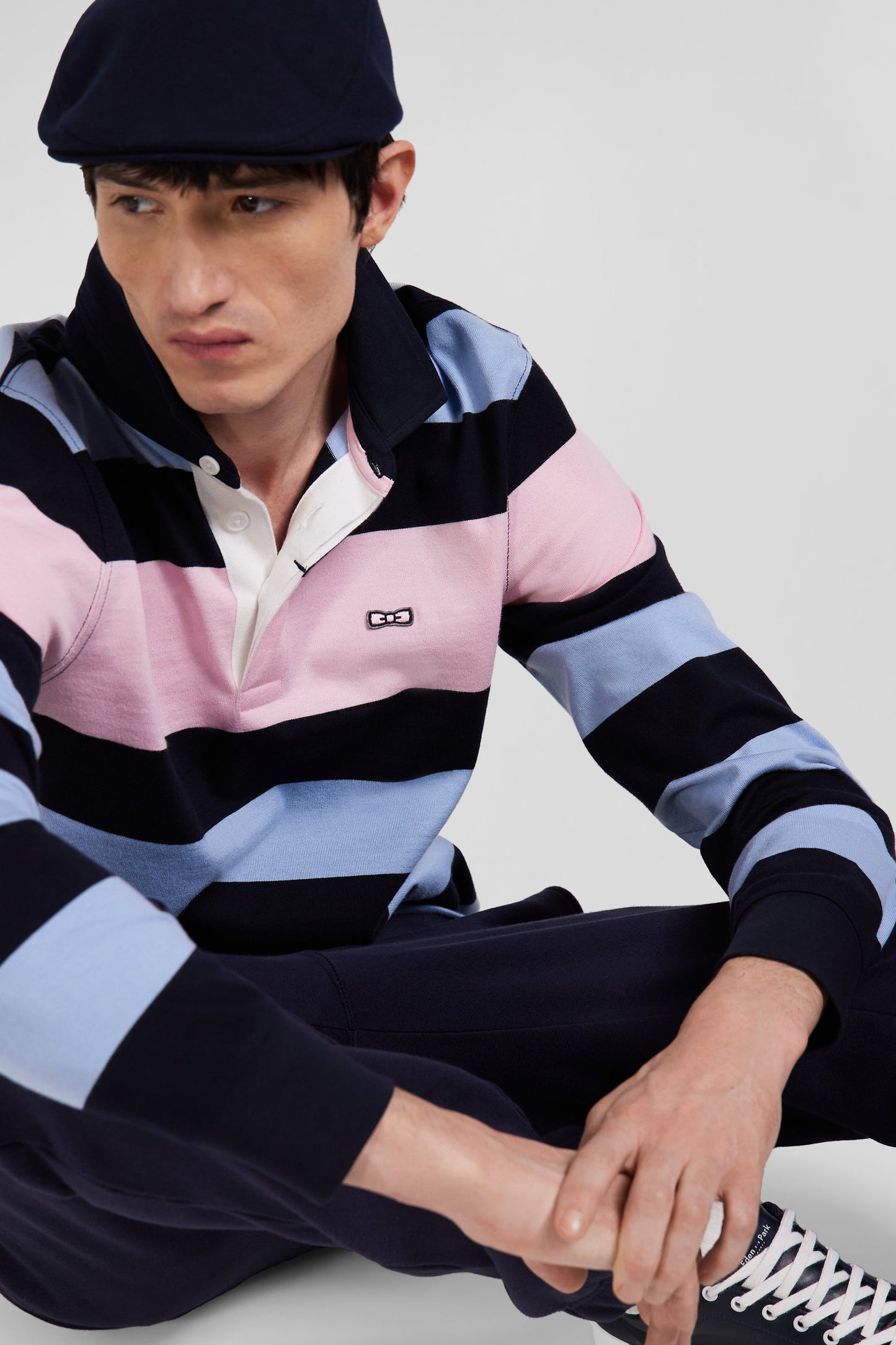 Regular sky blue long-sleeved striped cotton rugby shirt