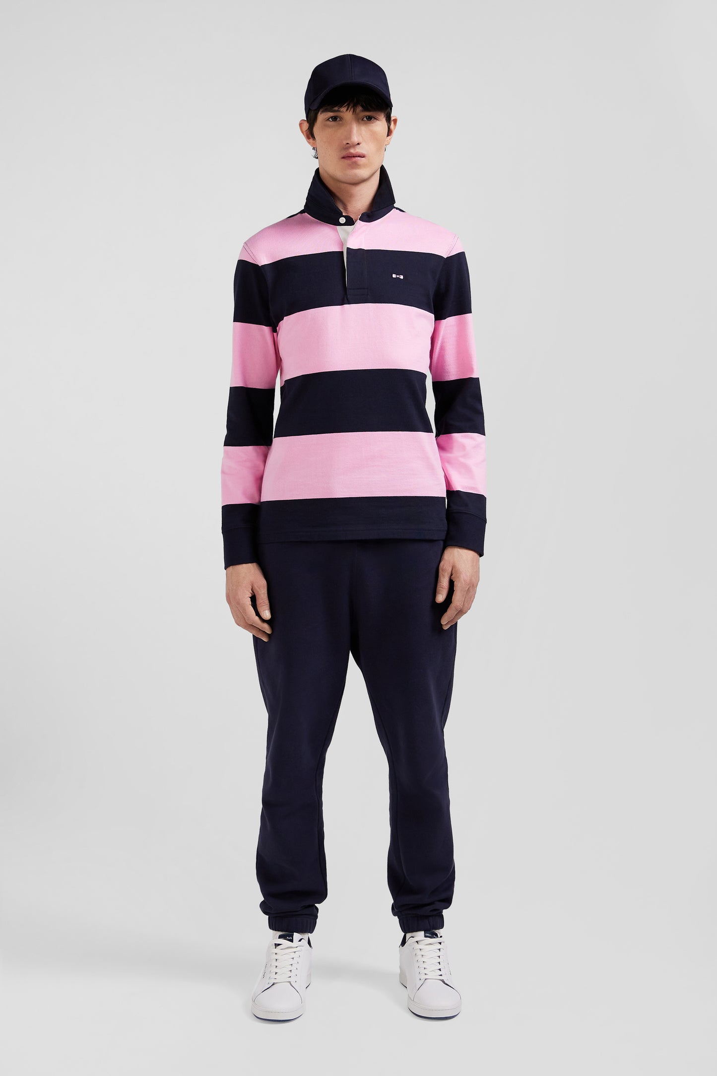 Regular navy blue and pink striped cotton rugby shirt with long sleeves