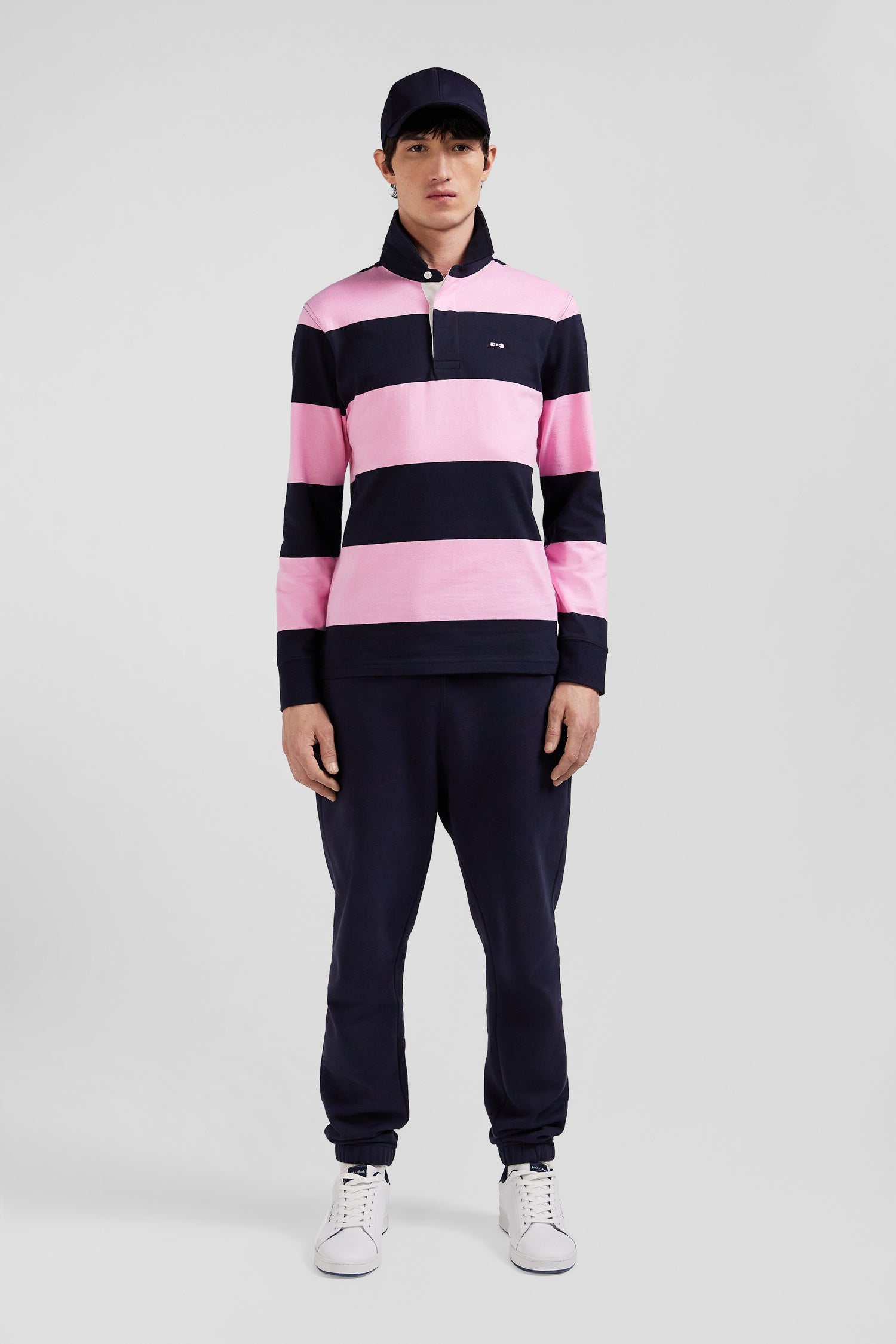 Regular navy blue and pink striped cotton rugby shirt with long sleeves