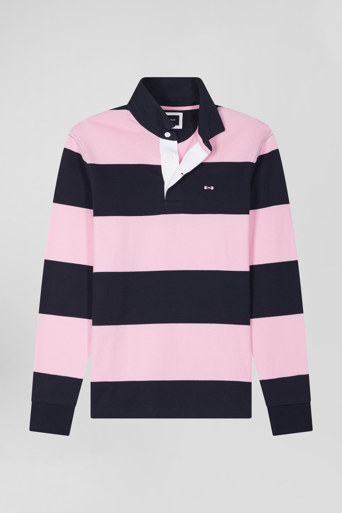 Regular navy blue and pink striped cotton rugby shirt with long sleeves