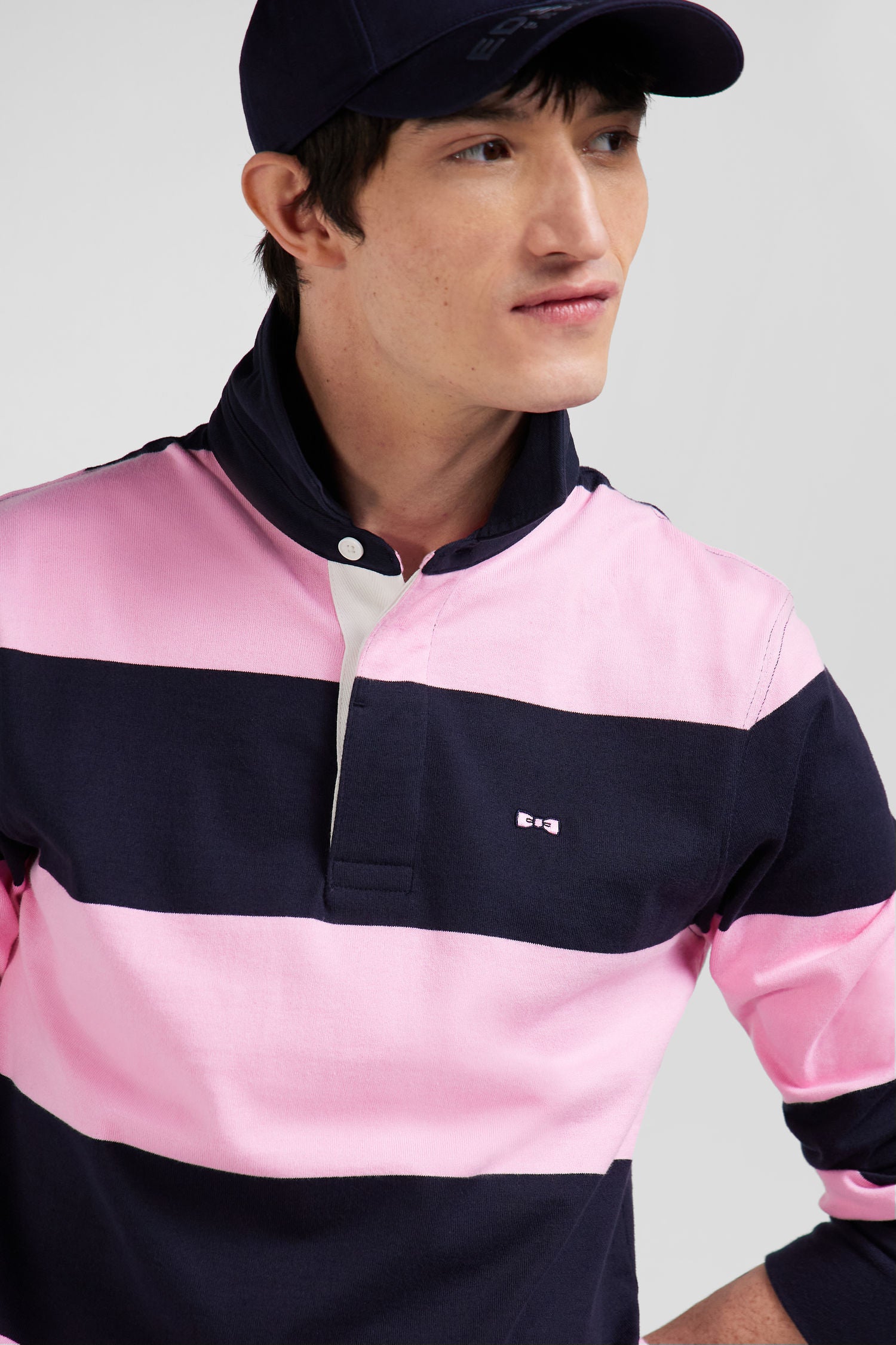 Regular navy blue and pink striped cotton rugby shirt with long sleeves