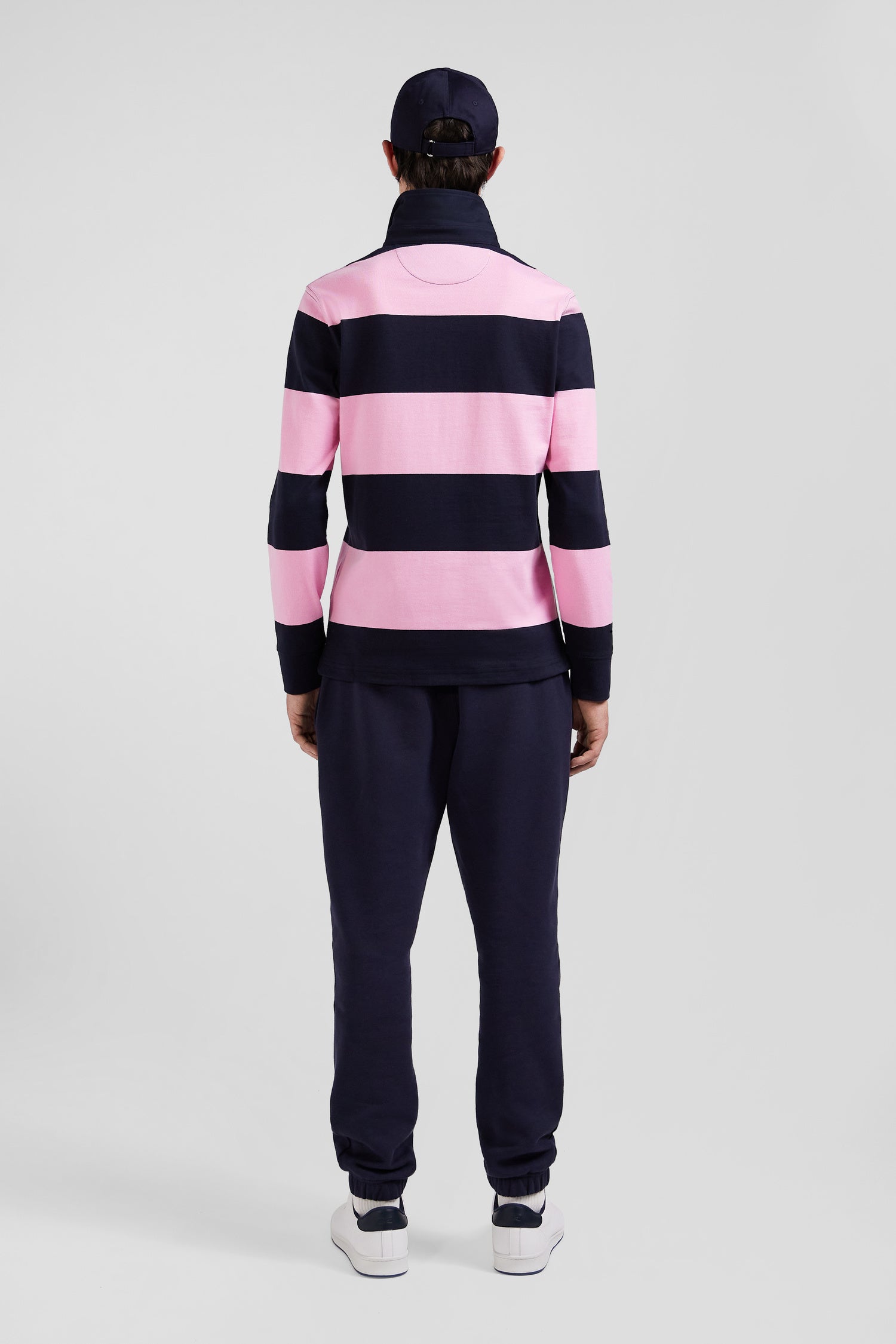 Regular navy blue and pink striped cotton rugby shirt with long sleeves