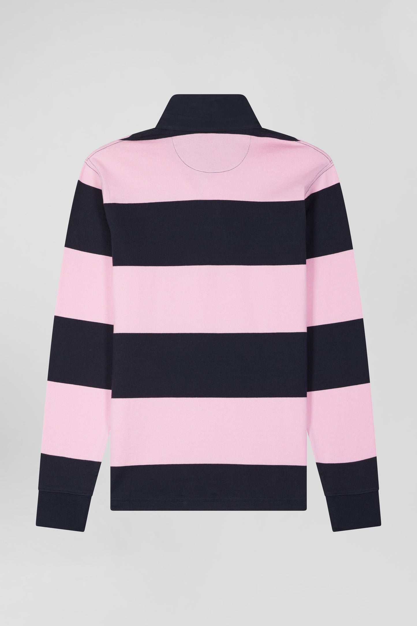 Regular navy blue and pink striped cotton rugby shirt with long sleeves