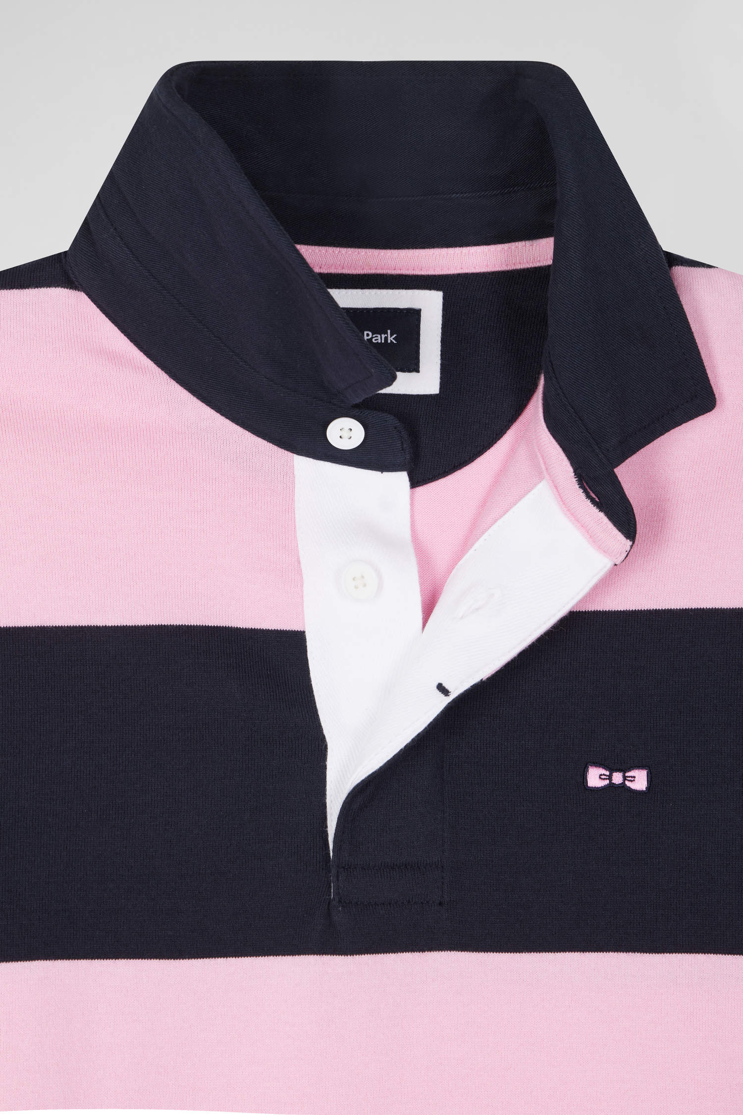 Regular navy blue and pink striped cotton rugby shirt with long sleeves