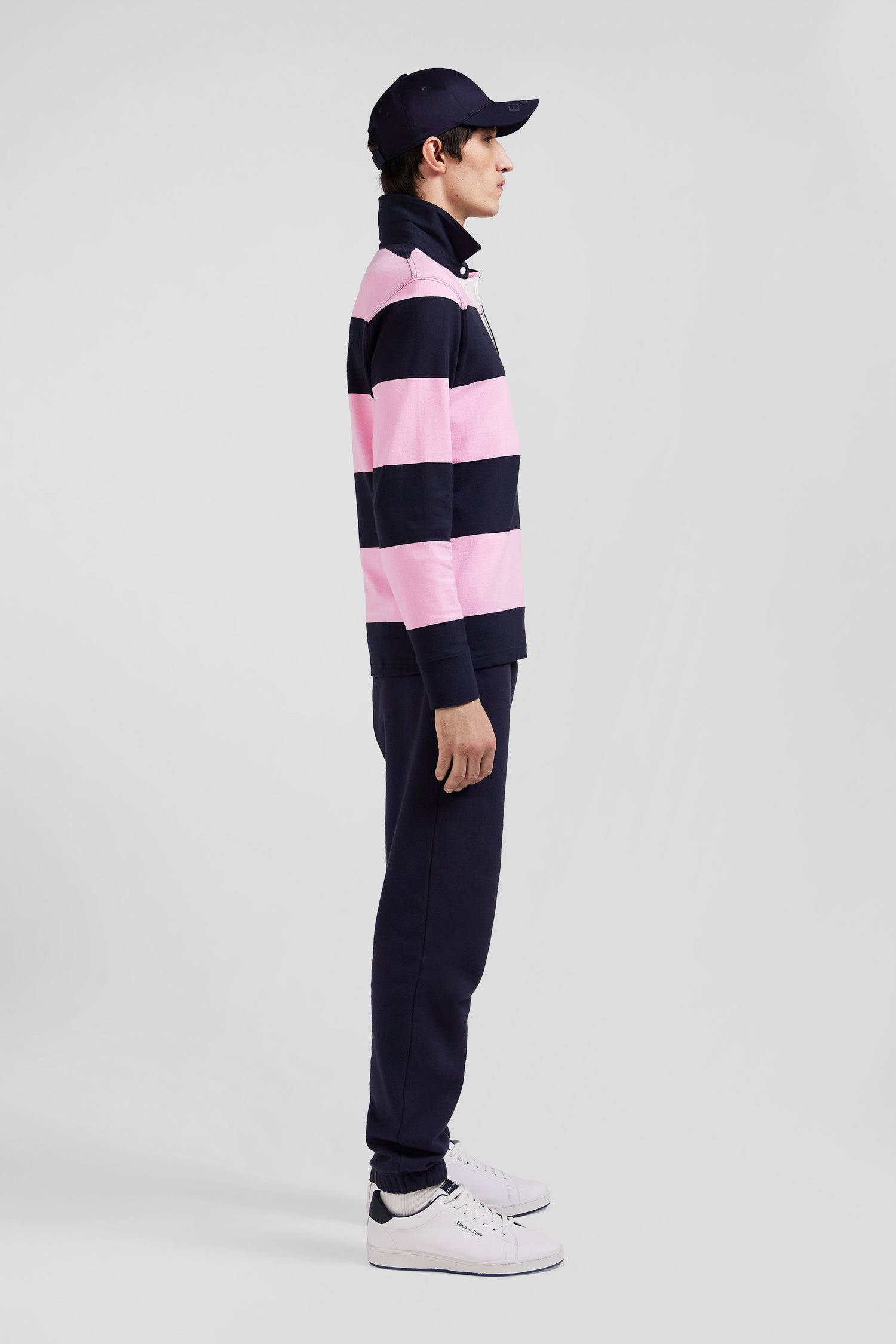 Regular navy blue and pink striped cotton rugby shirt with long sleeves