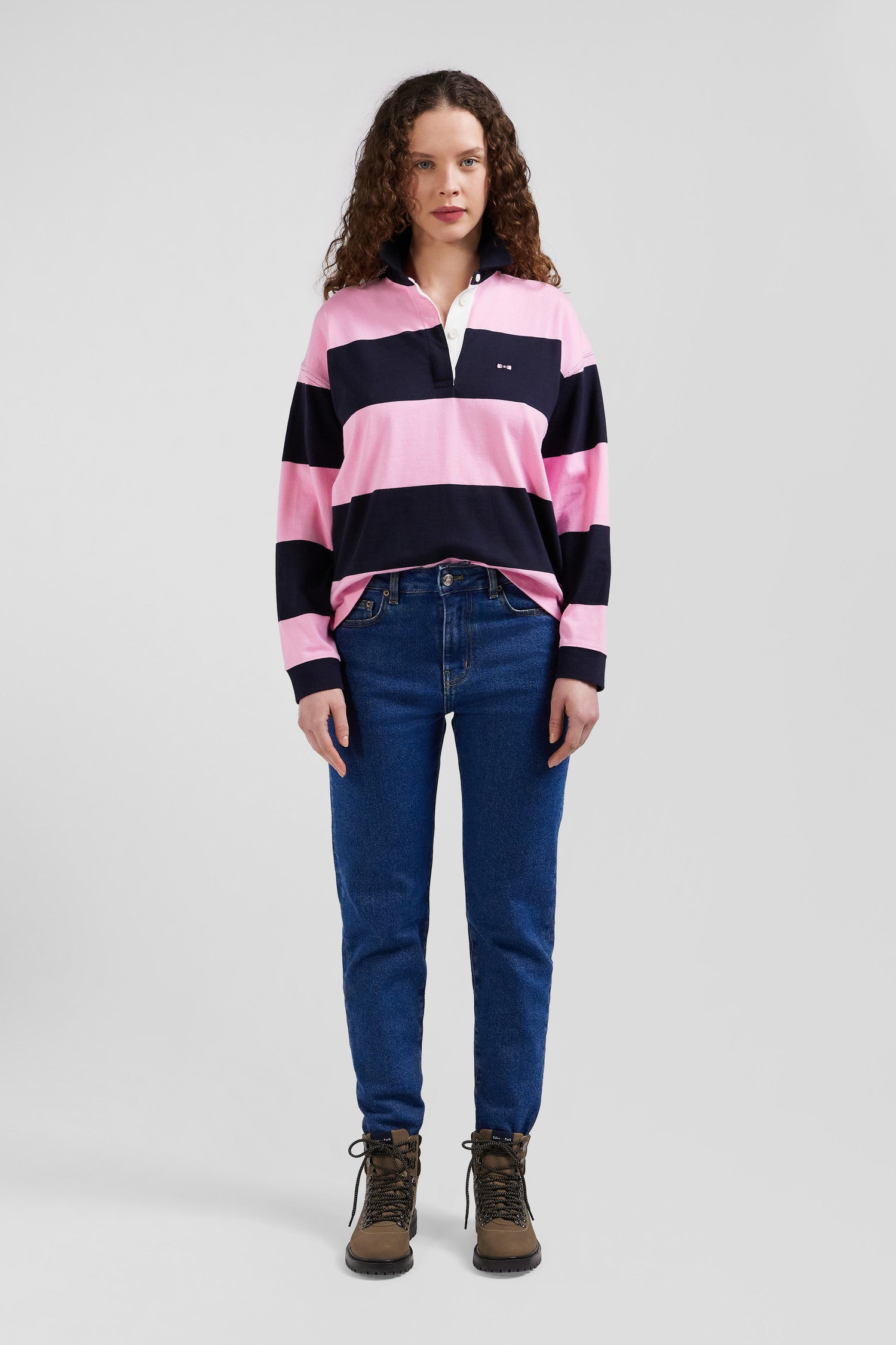 Relaxed navy and pink striped long-sleeved cotton rugby shirt