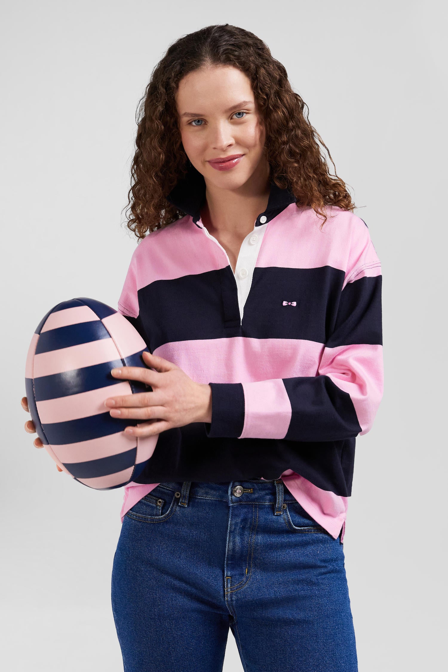 Relaxed navy and pink striped long-sleeved cotton rugby shirt