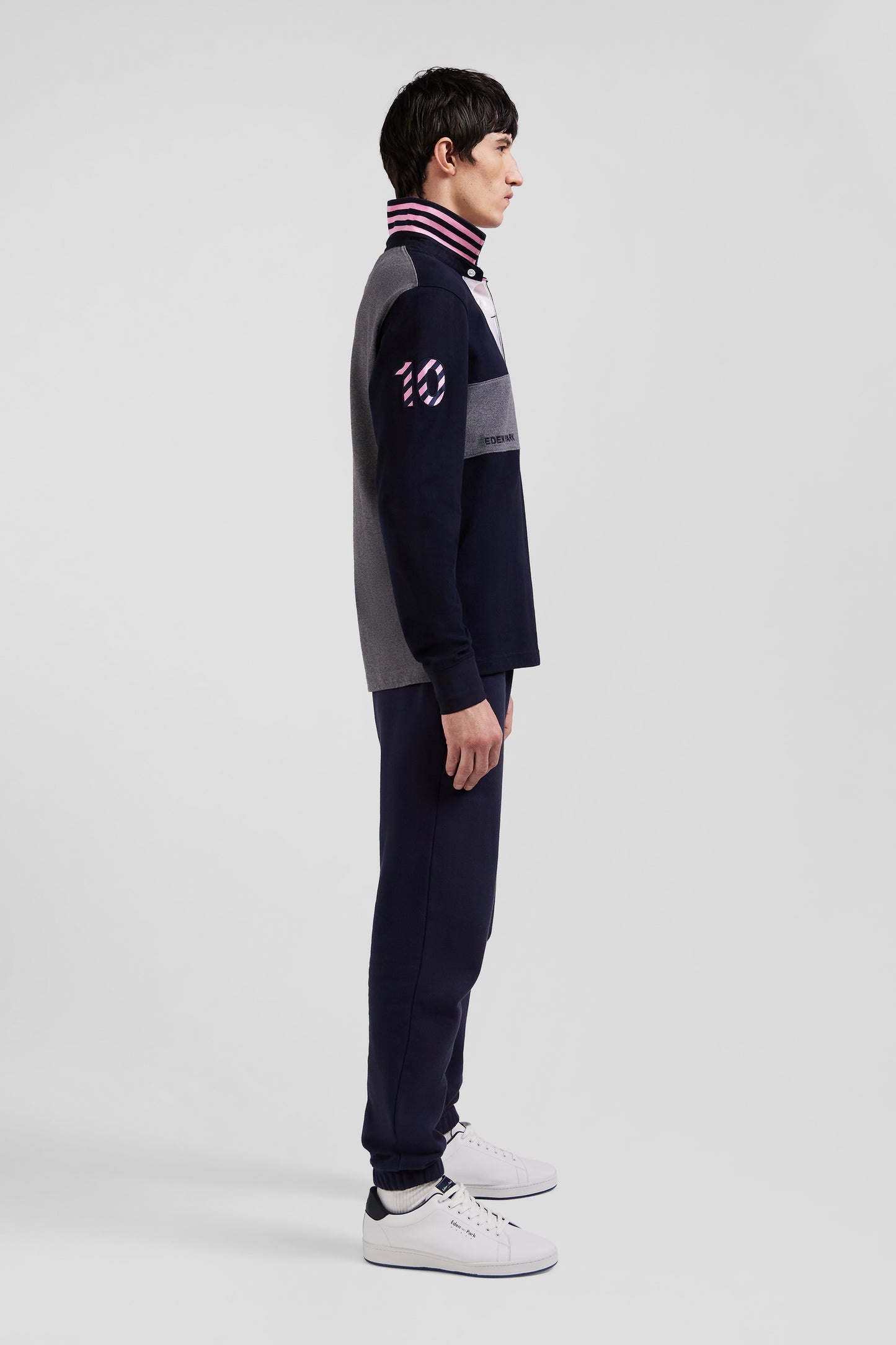 Regular navy long-sleeved cotton rugby shirt with sleeve N°10 embroidery