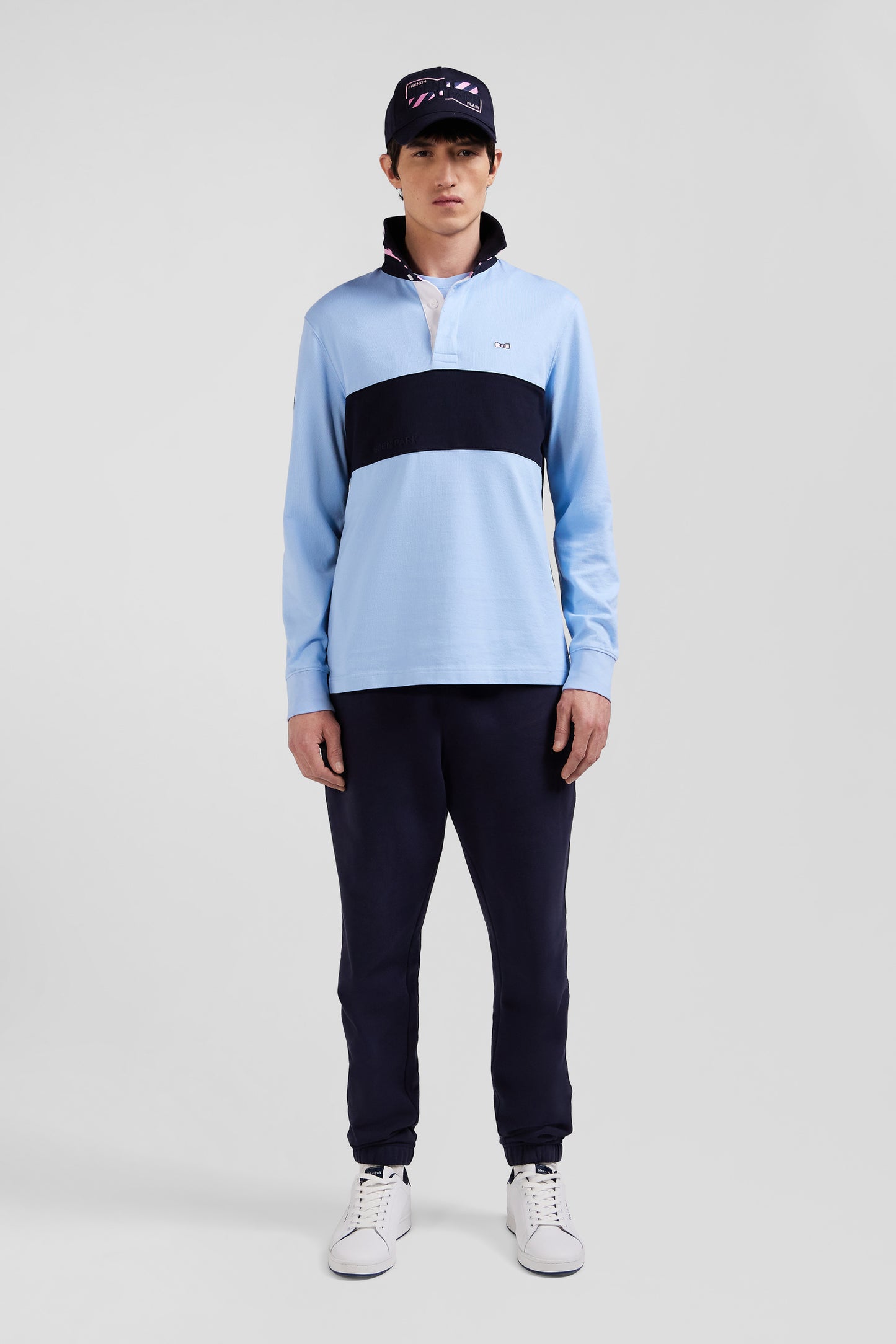 Regular sky blue long-sleeved cotton rugby shirt with sleeve N°10 embroidery