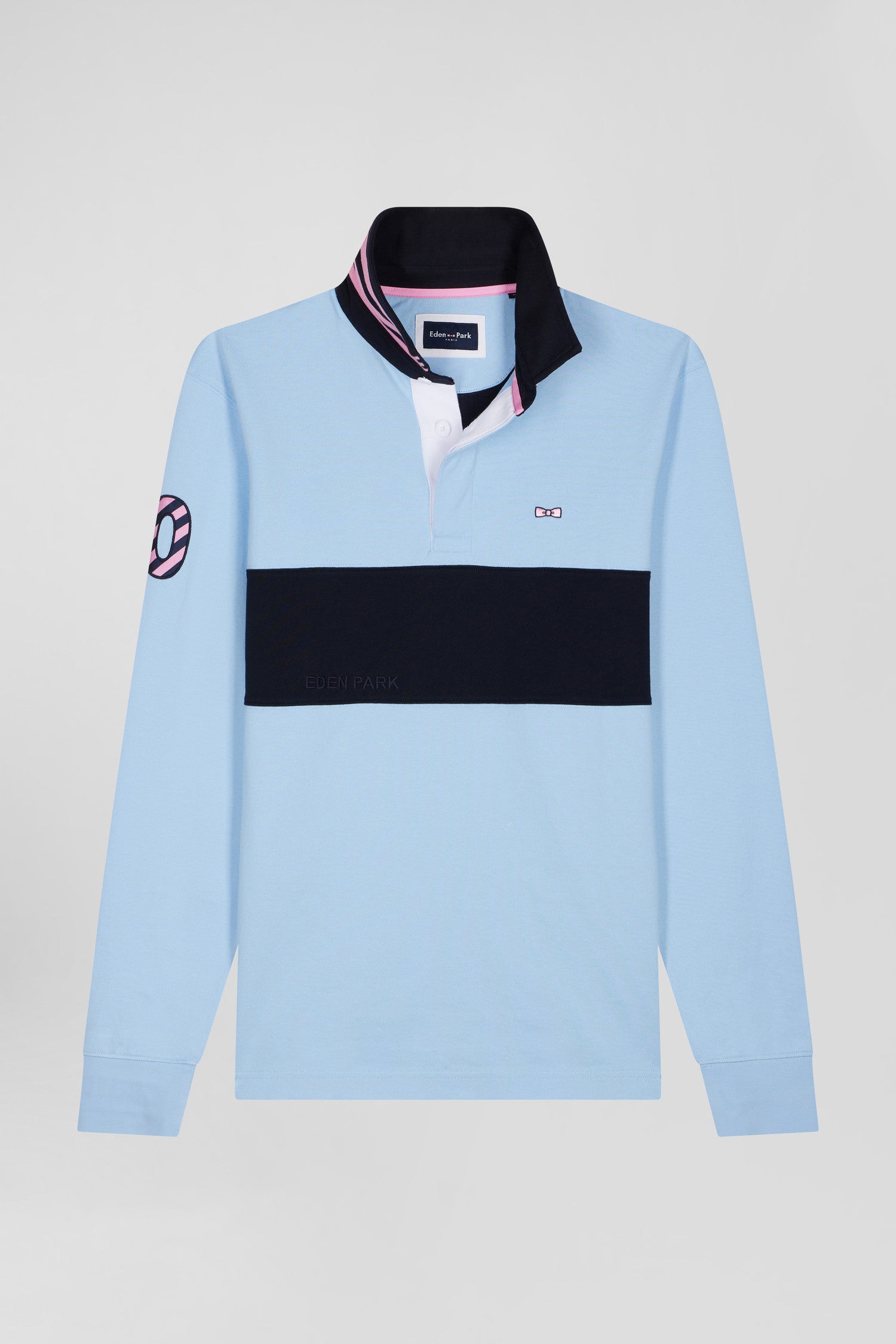 Regular sky blue long-sleeved cotton rugby shirt with sleeve N°10 embroidery