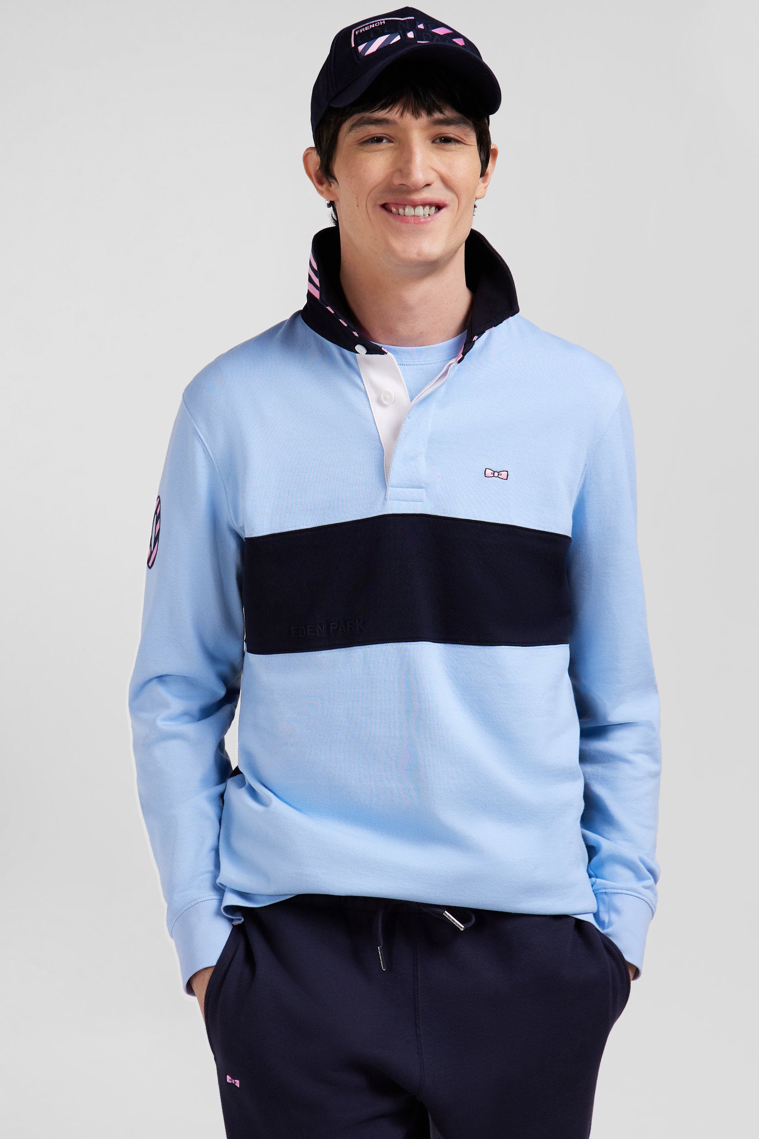 Regular sky blue long-sleeved cotton rugby shirt with sleeve N°10 embroidery