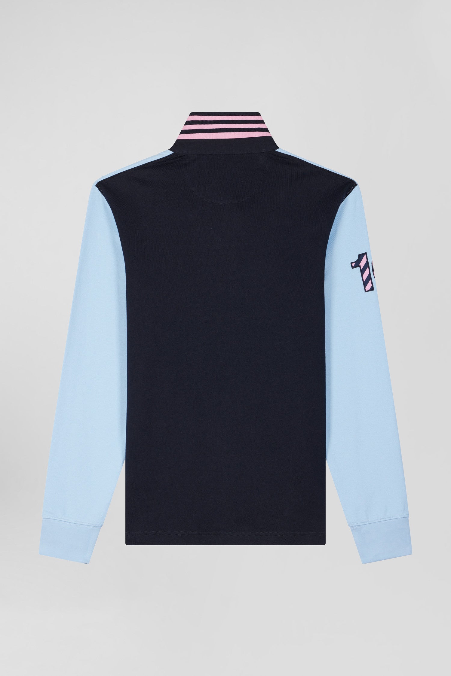 Regular sky blue long-sleeved cotton rugby shirt with sleeve N°10 embroidery