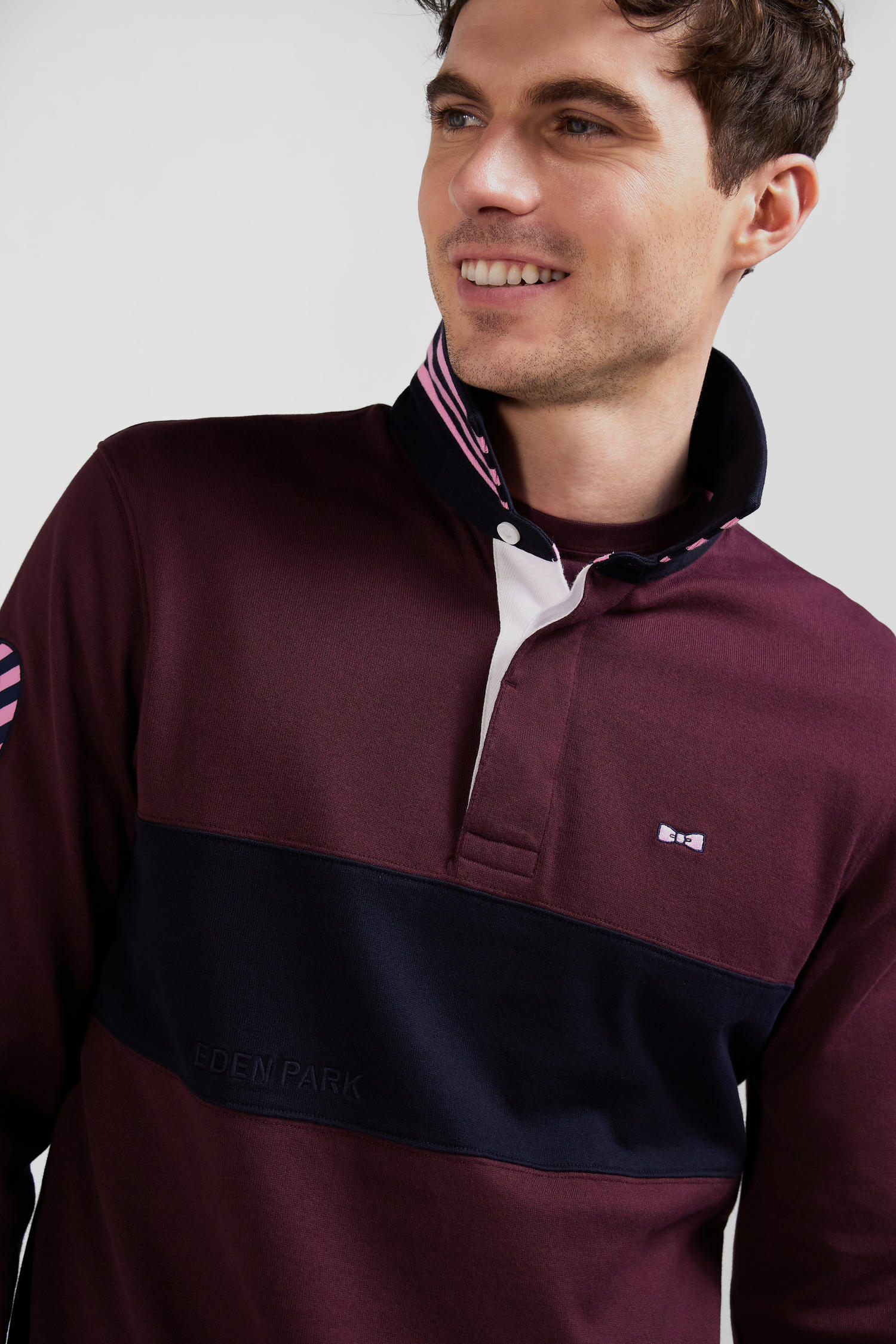 Regular burgundy long-sleeved cotton rugby shirt with sleeve N°10 embroidery