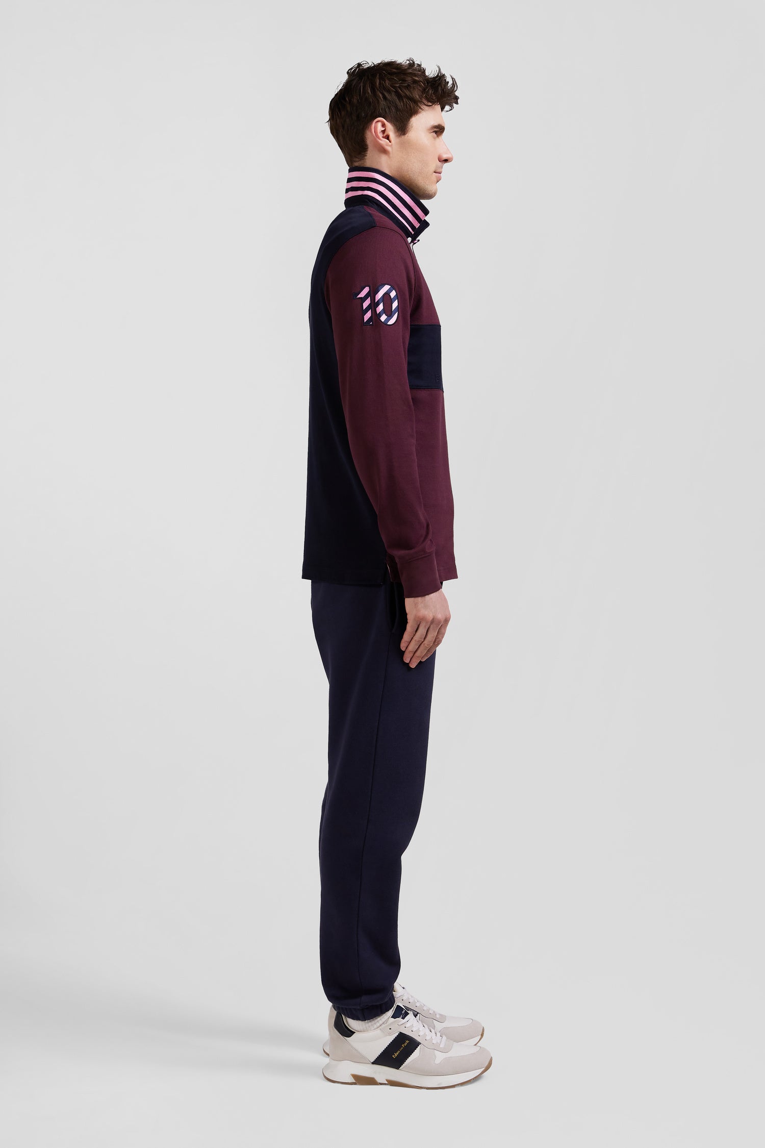 Regular burgundy long-sleeved cotton rugby shirt with sleeve N°10 embroidery