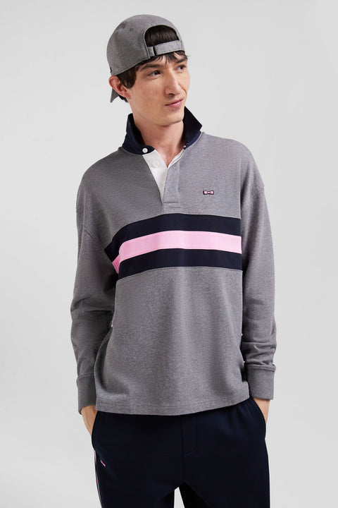 Relaxed grey embroidered long-sleeved cotton rugby shirt - Image 3