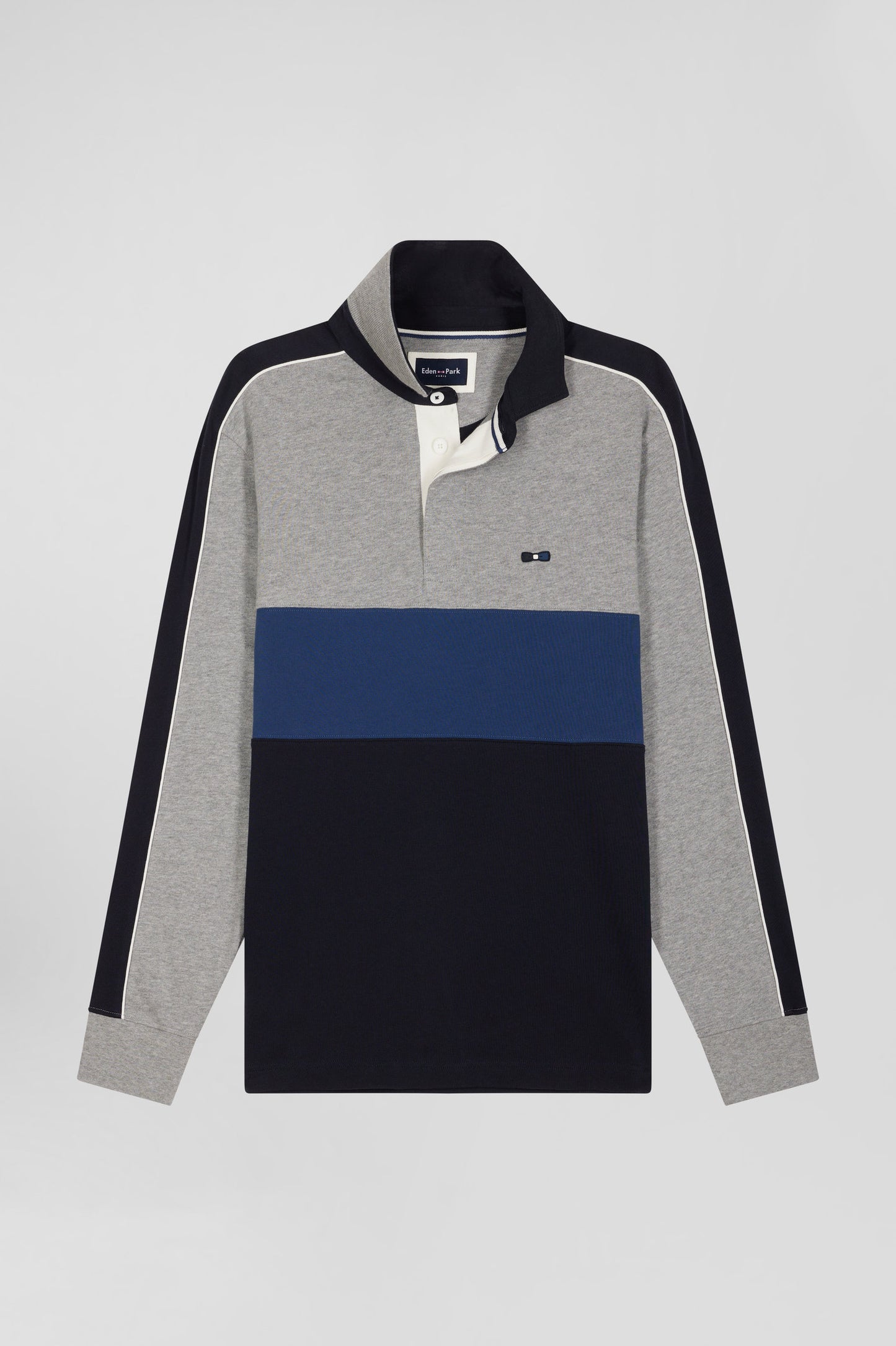 Regular blue and grey colorblock long-sleeved cotton rugby shirt