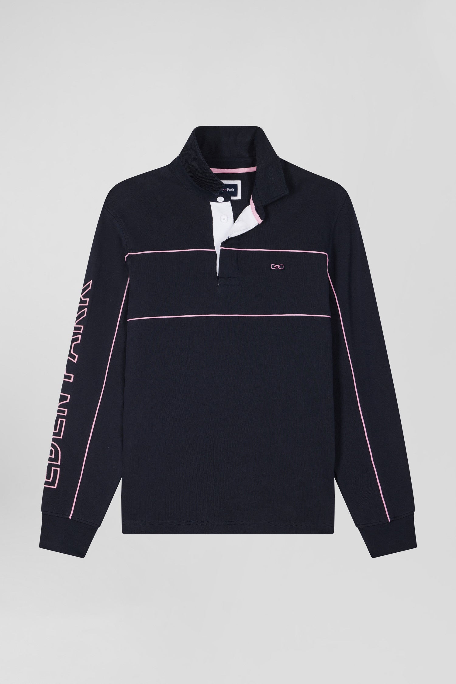 Regular navy long-sleeved cotton rugby shirt with pink piping and Eden Park embroidery