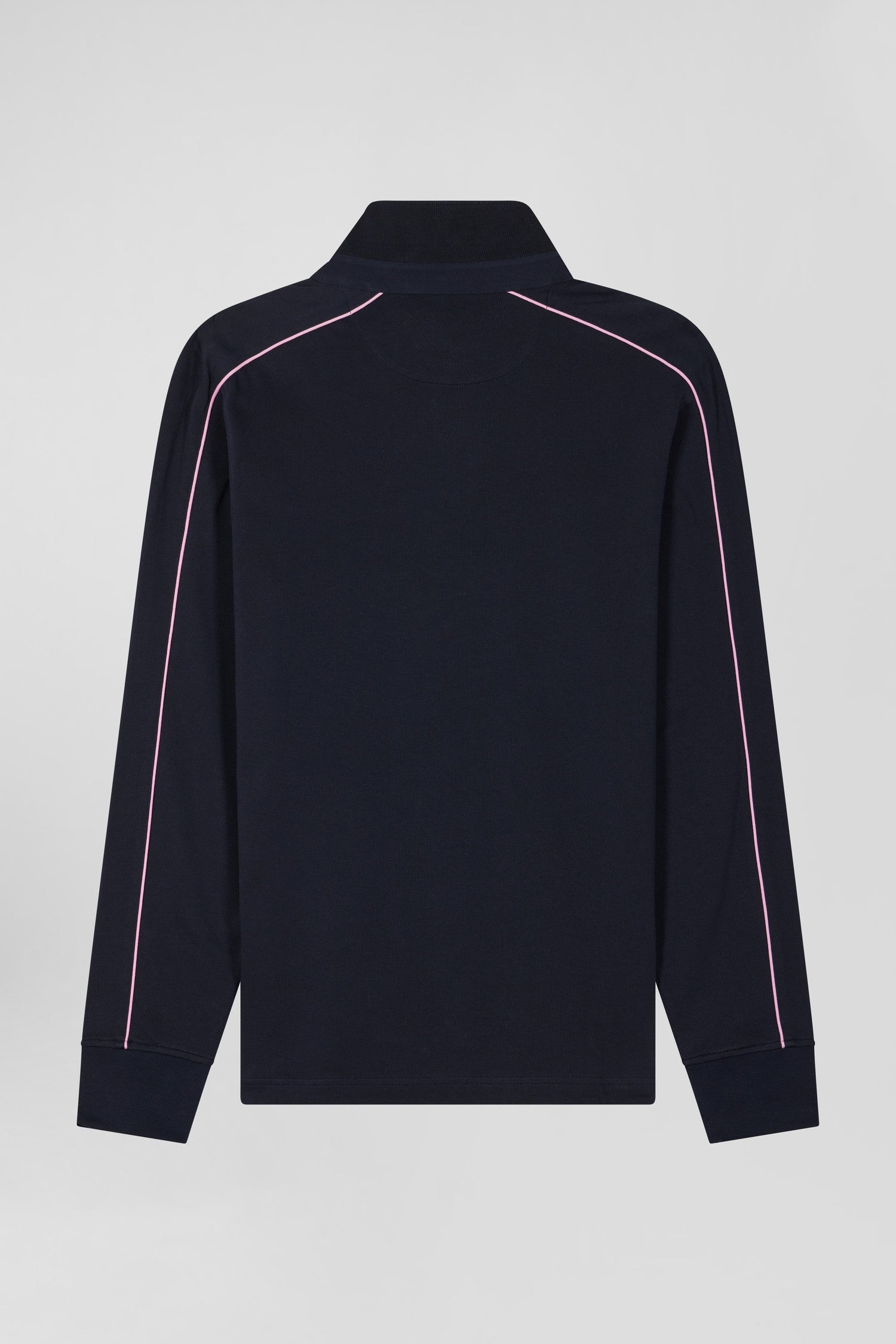 Regular navy blue long-sleeved cotton rugby shirt with pink piping