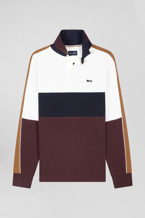 Regular burgundy long-sleeved cotton rugby shirt with back embroidery and piping - Image 2