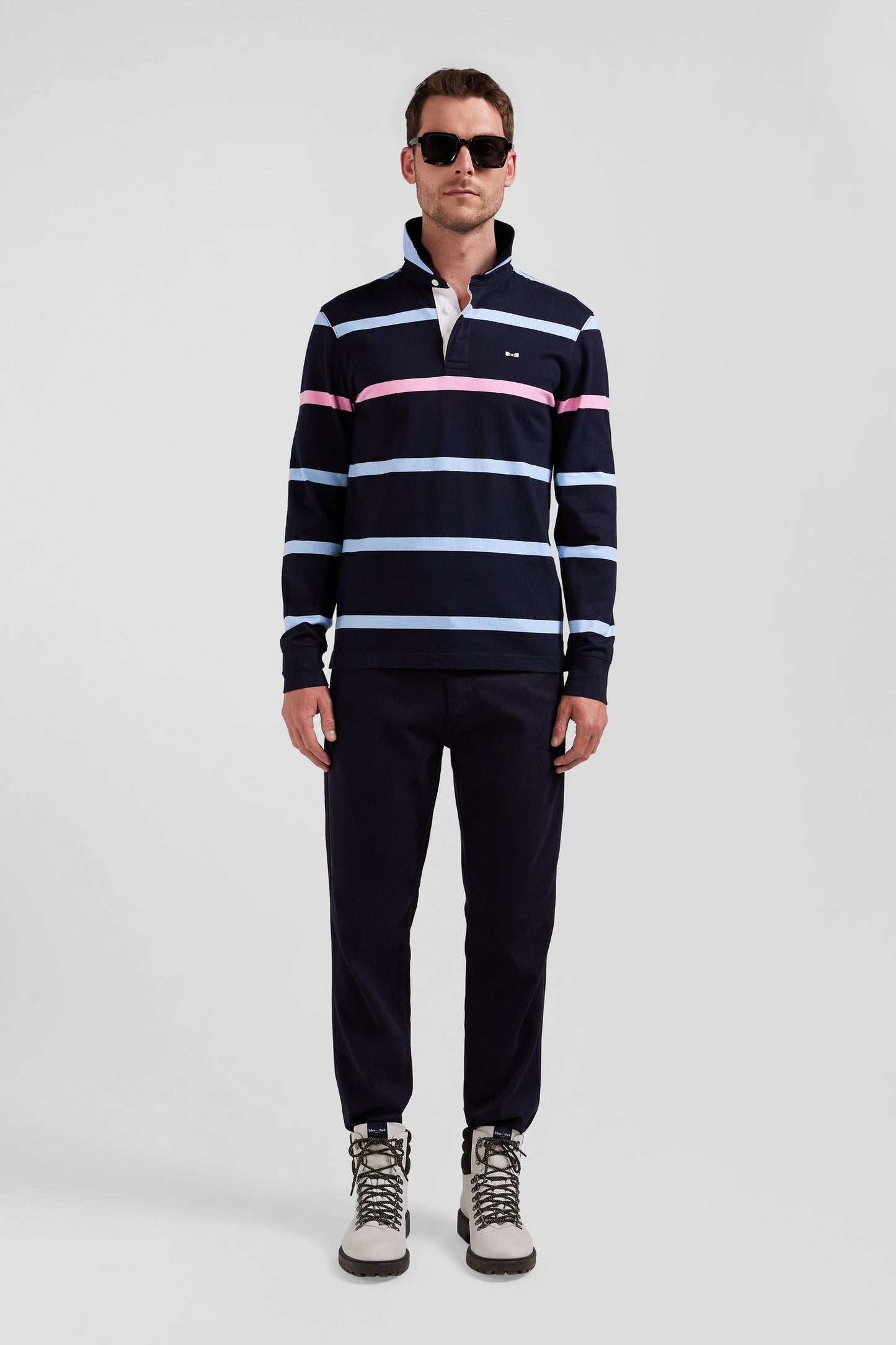 Regular navy and sky blue striped long-sleeved cotton rugby shirt with back embroidery