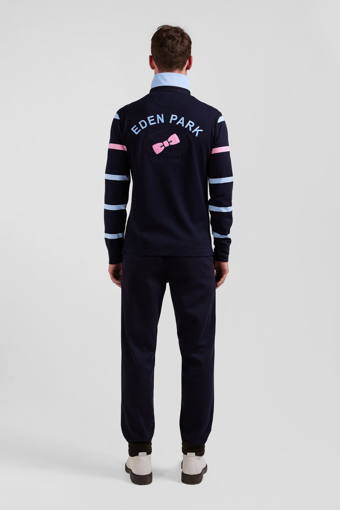 Regular navy and sky blue striped long-sleeved cotton rugby shirt with back embroidery