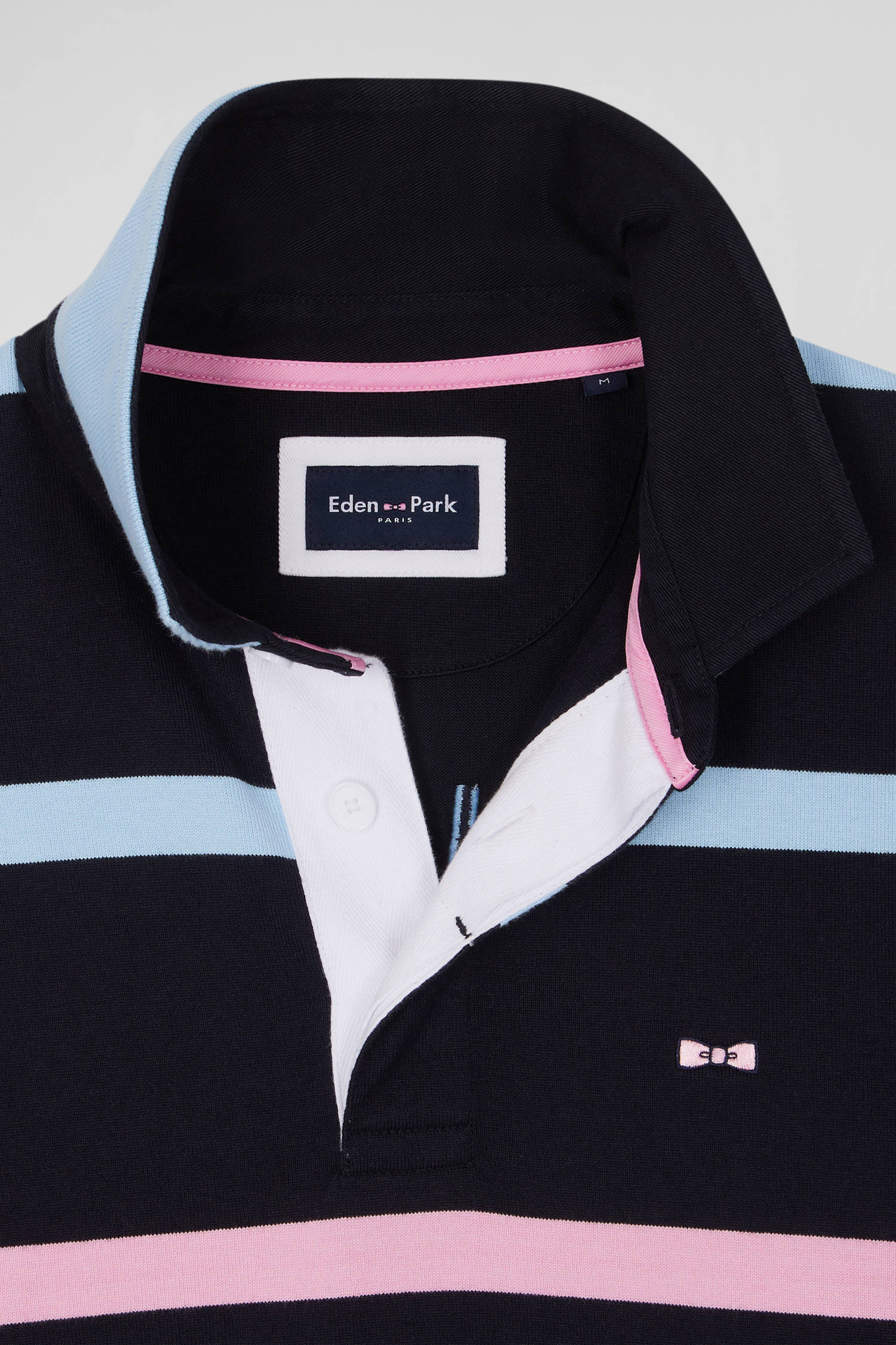 Regular navy and sky blue striped long-sleeved cotton rugby shirt with back embroidery