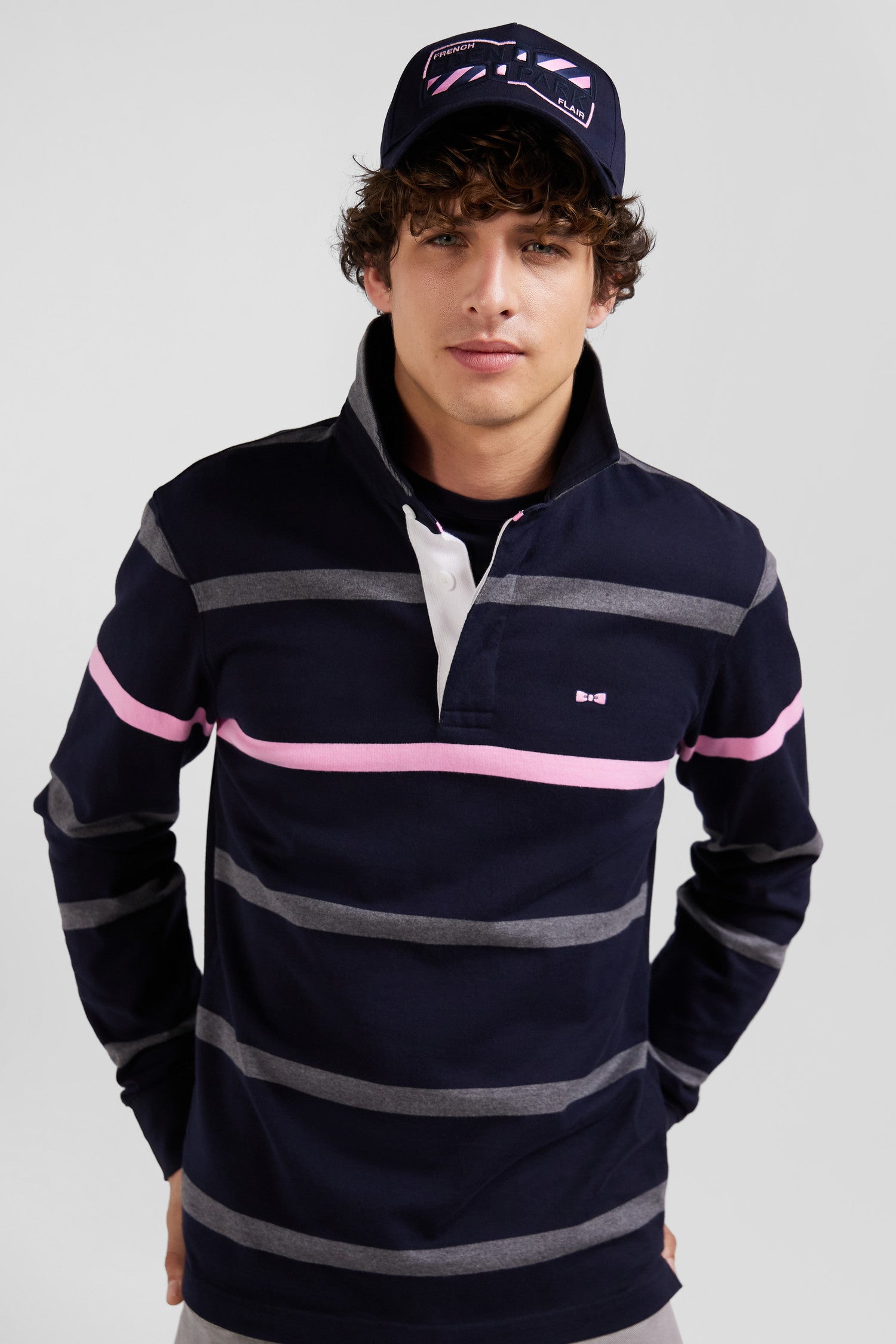 Regular grey striped long-sleeved cotton rugby shirt with back embroidery