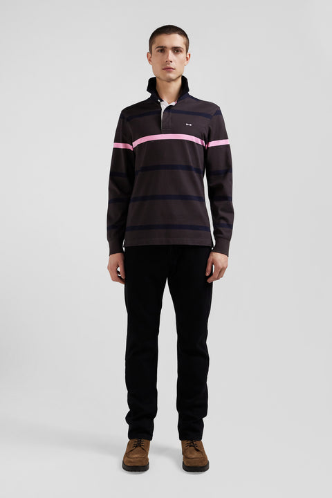 Regular brown striped long-sleeved cotton rugby shirt with back embroidery - Image 1